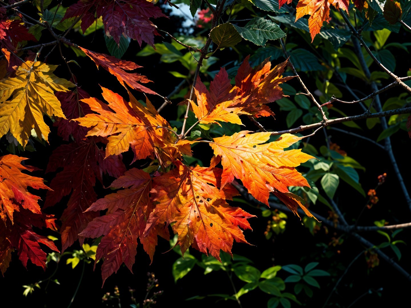 Vibrant Autumn Leaves in Rich Colors on Dark Background