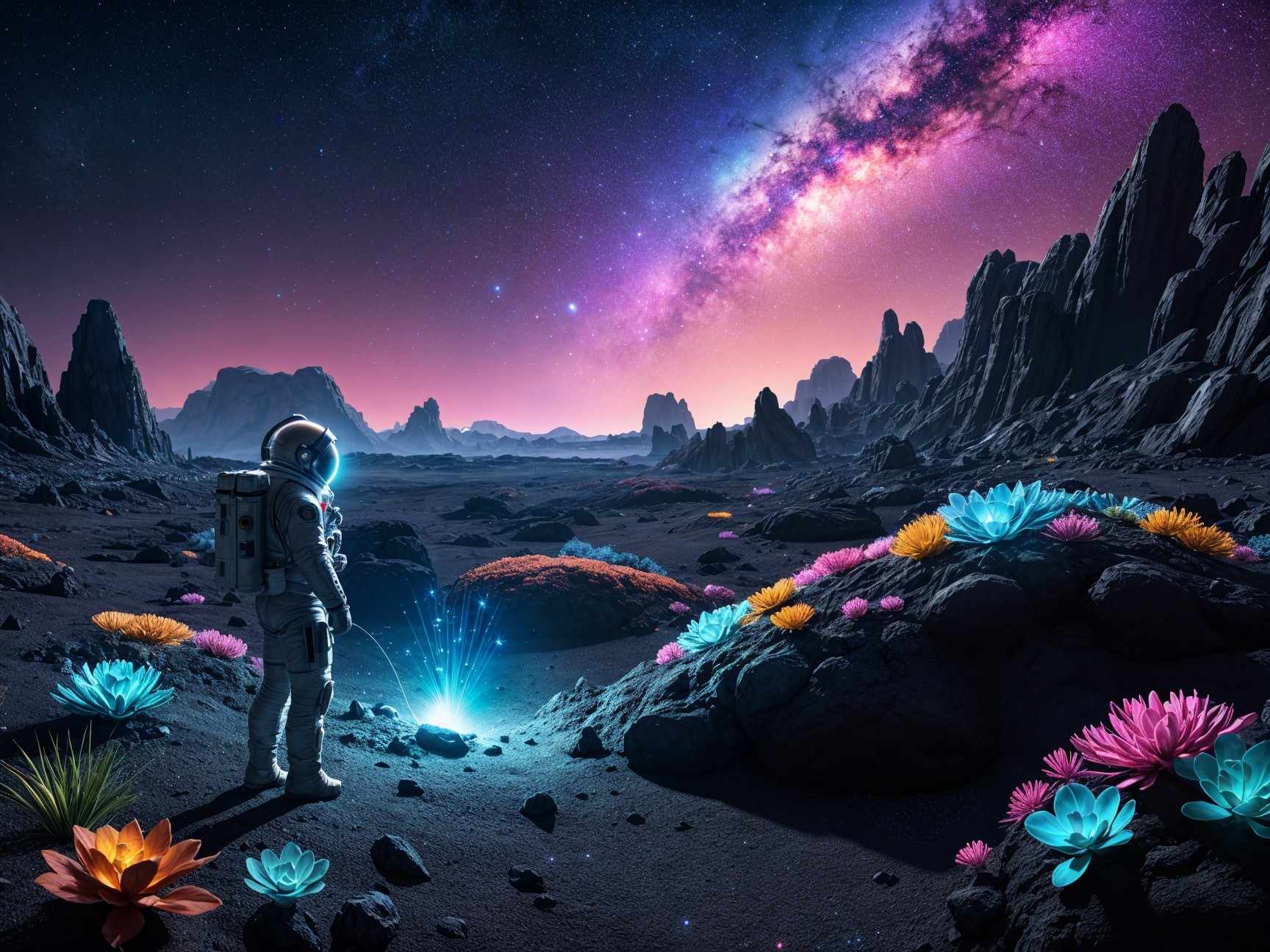Astronaut on a vibrant alien landscape with glowing flowers