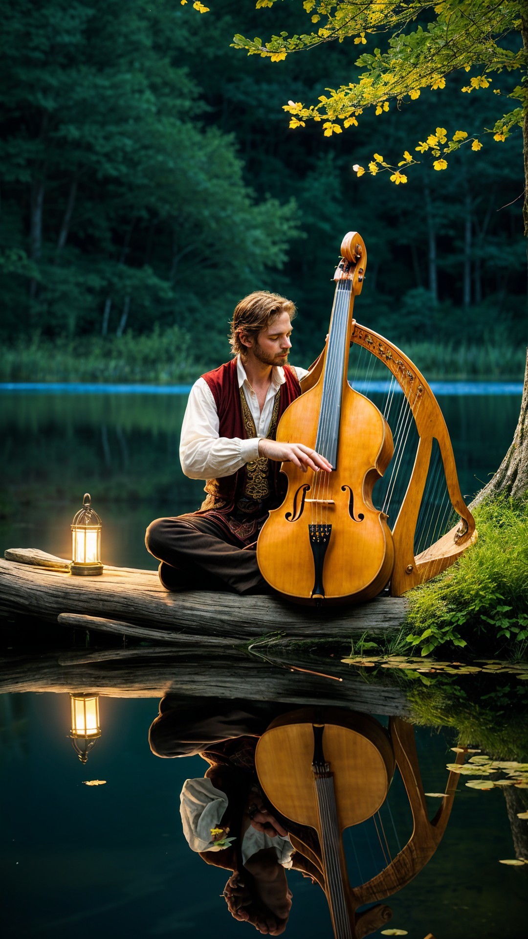 Musician by Lake with Unique Instrument at Dusk