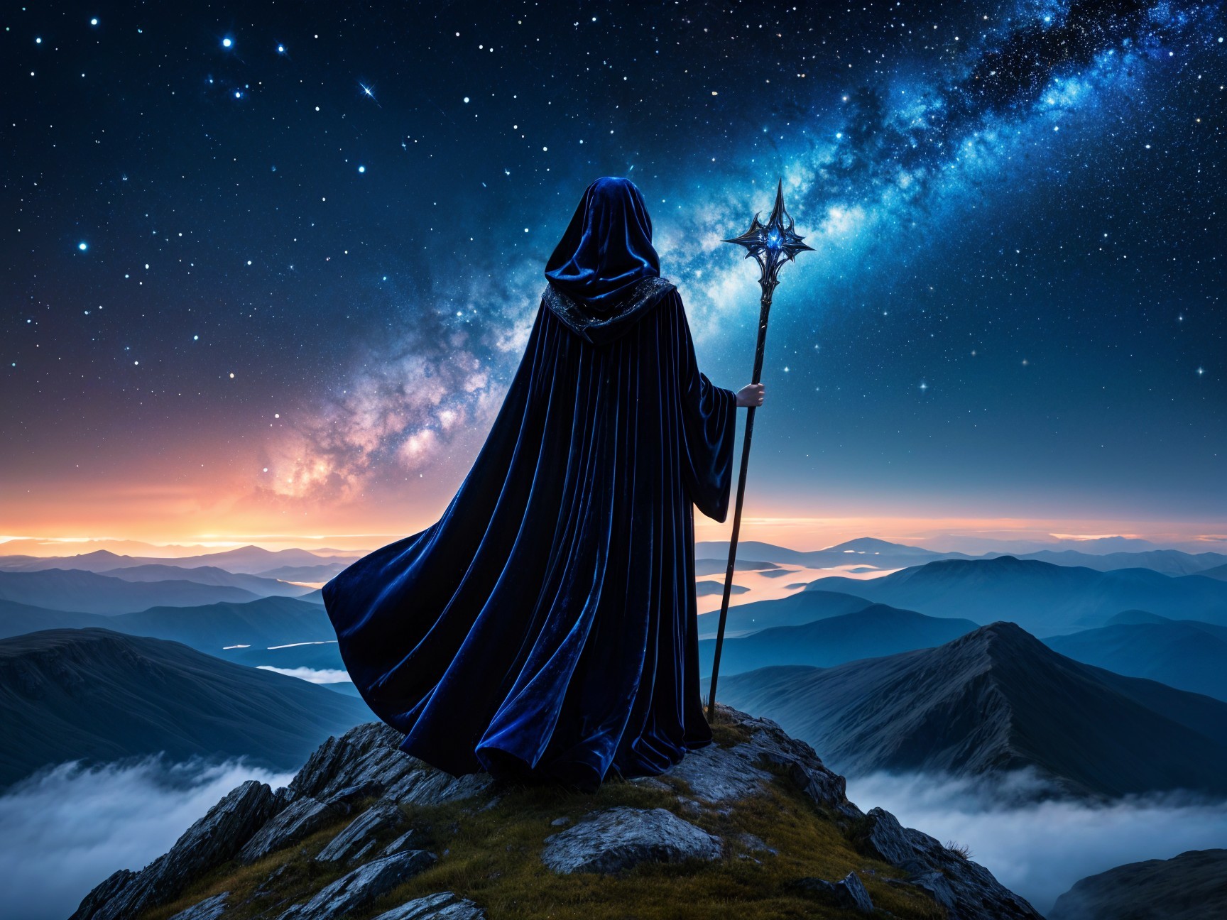 Cloaked Figure on Peak Under Starry Night Sky