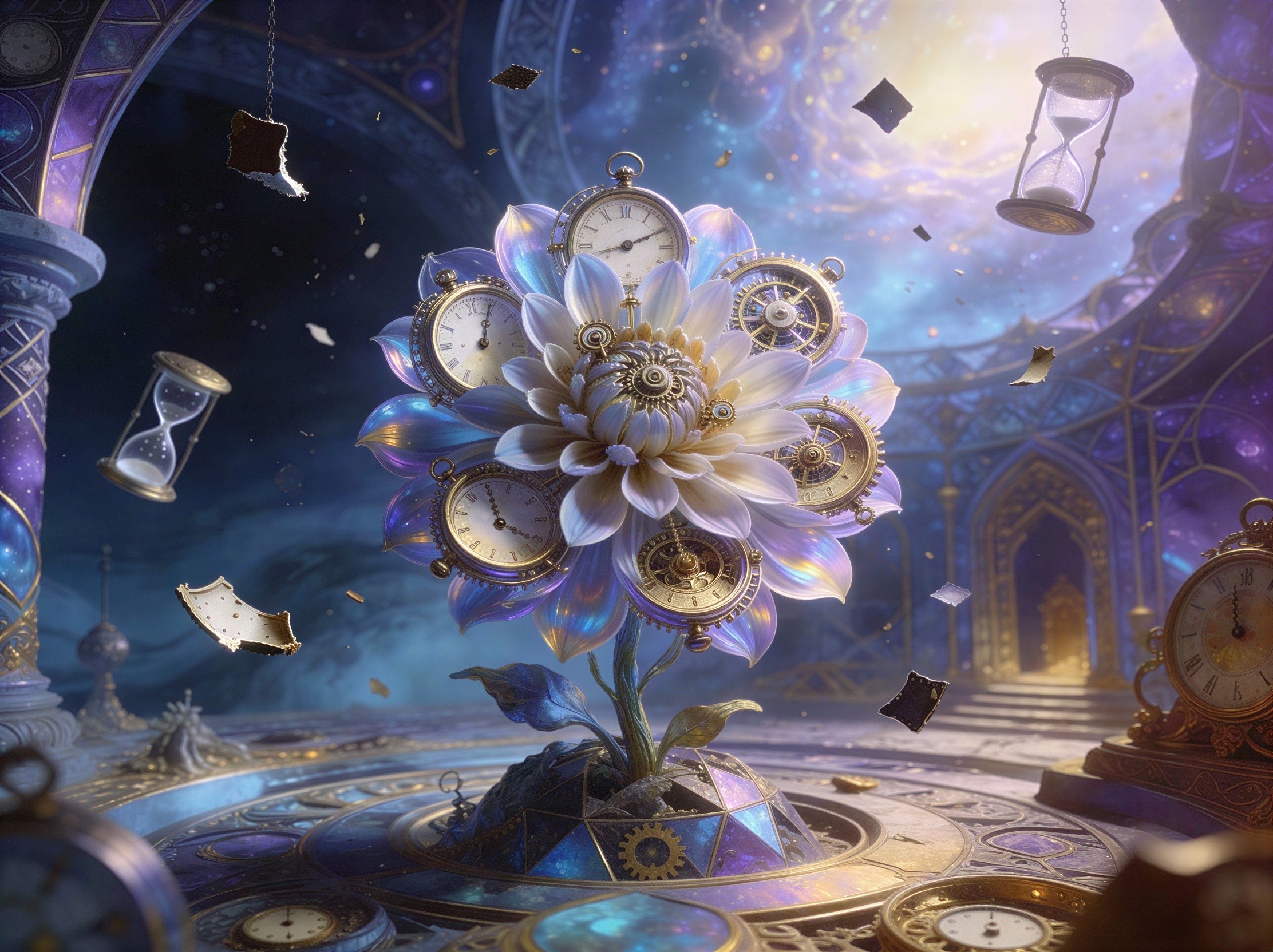 Surreal Flower with Clockwork Gears and Nebula Background