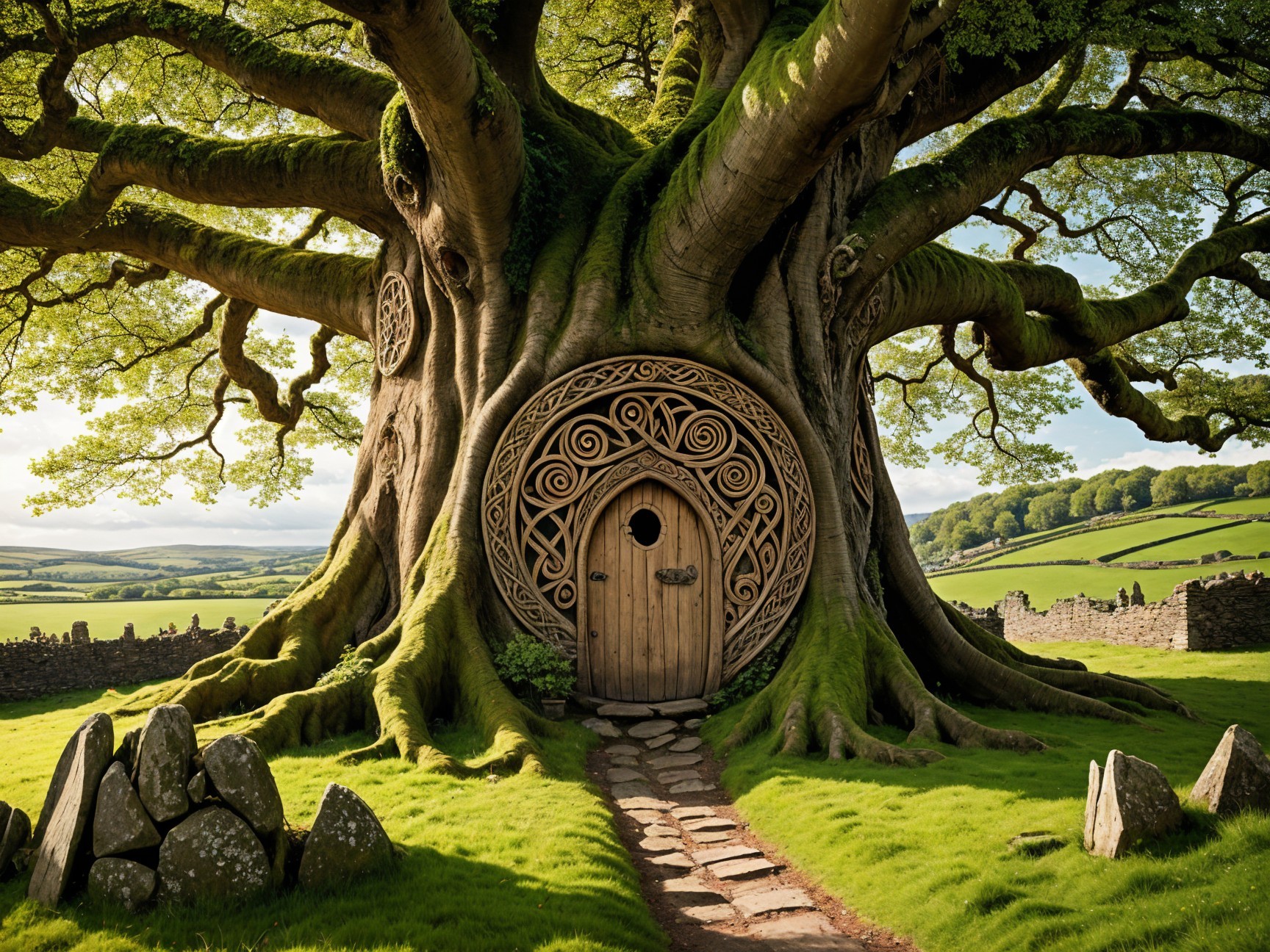 Ancient tree with carvings in a serene landscape