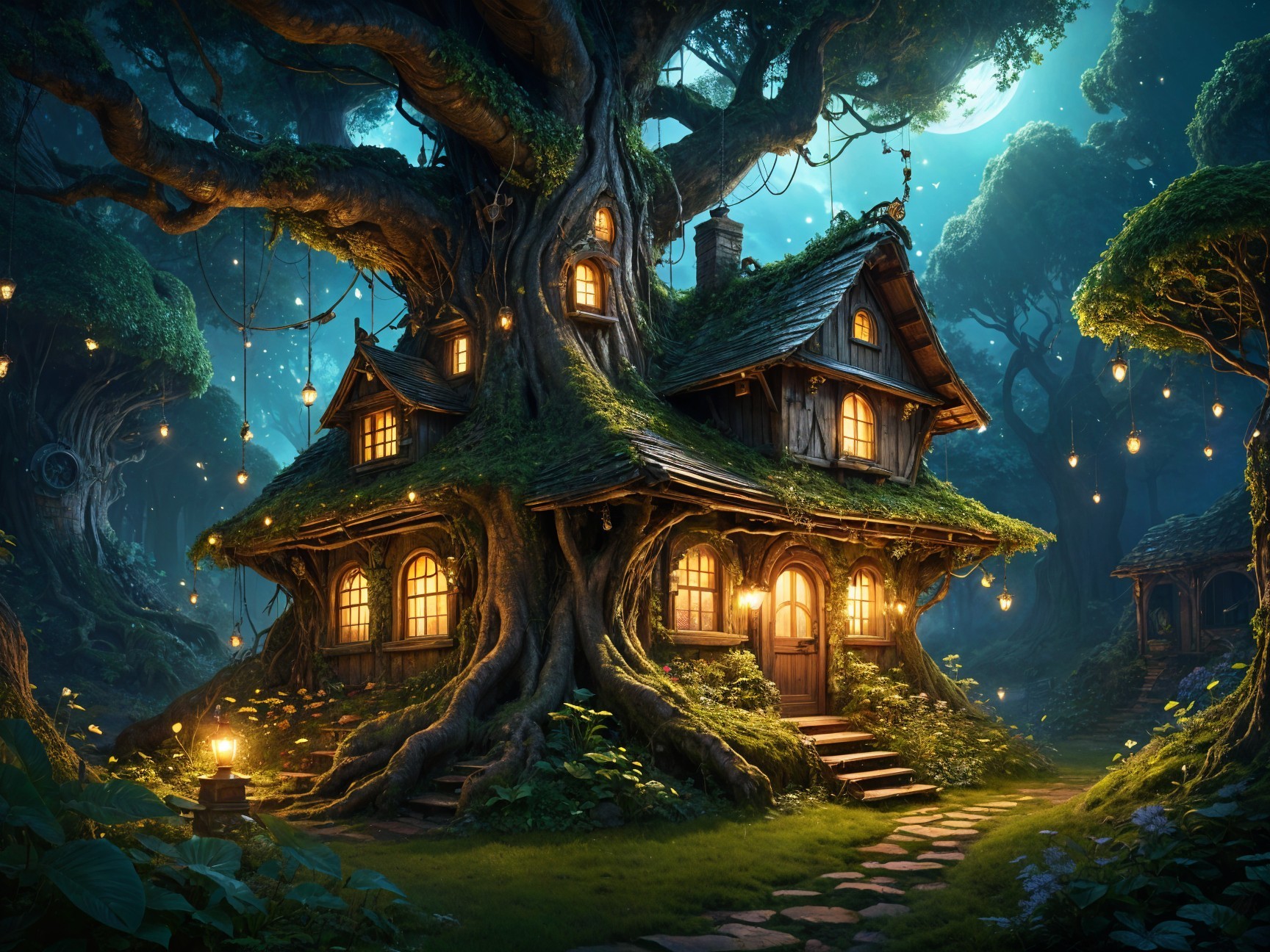 Whimsical Treehouse in a Vibrant Forest Setting