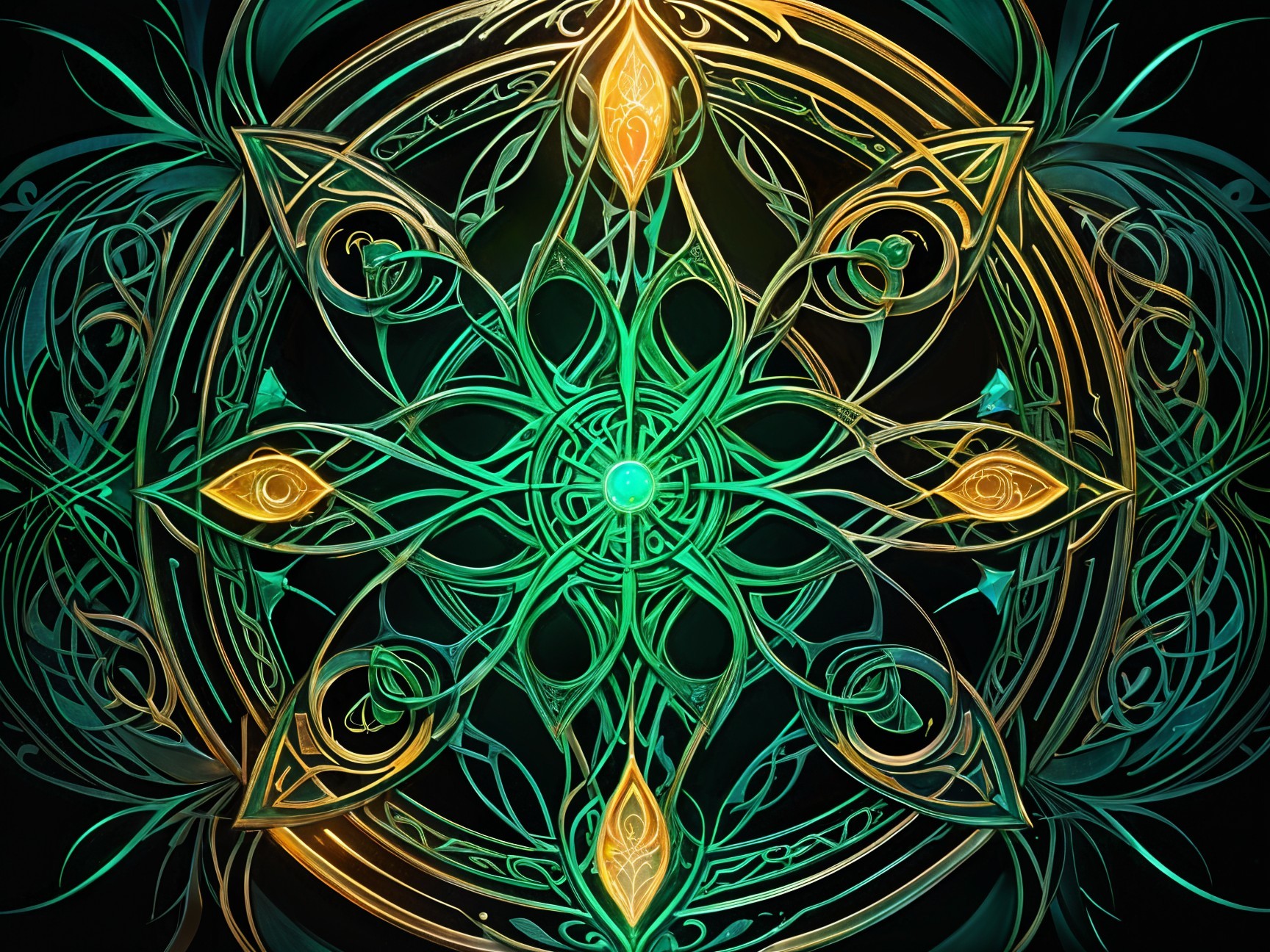 Intricate Emerald Green and Gold Mandala Design