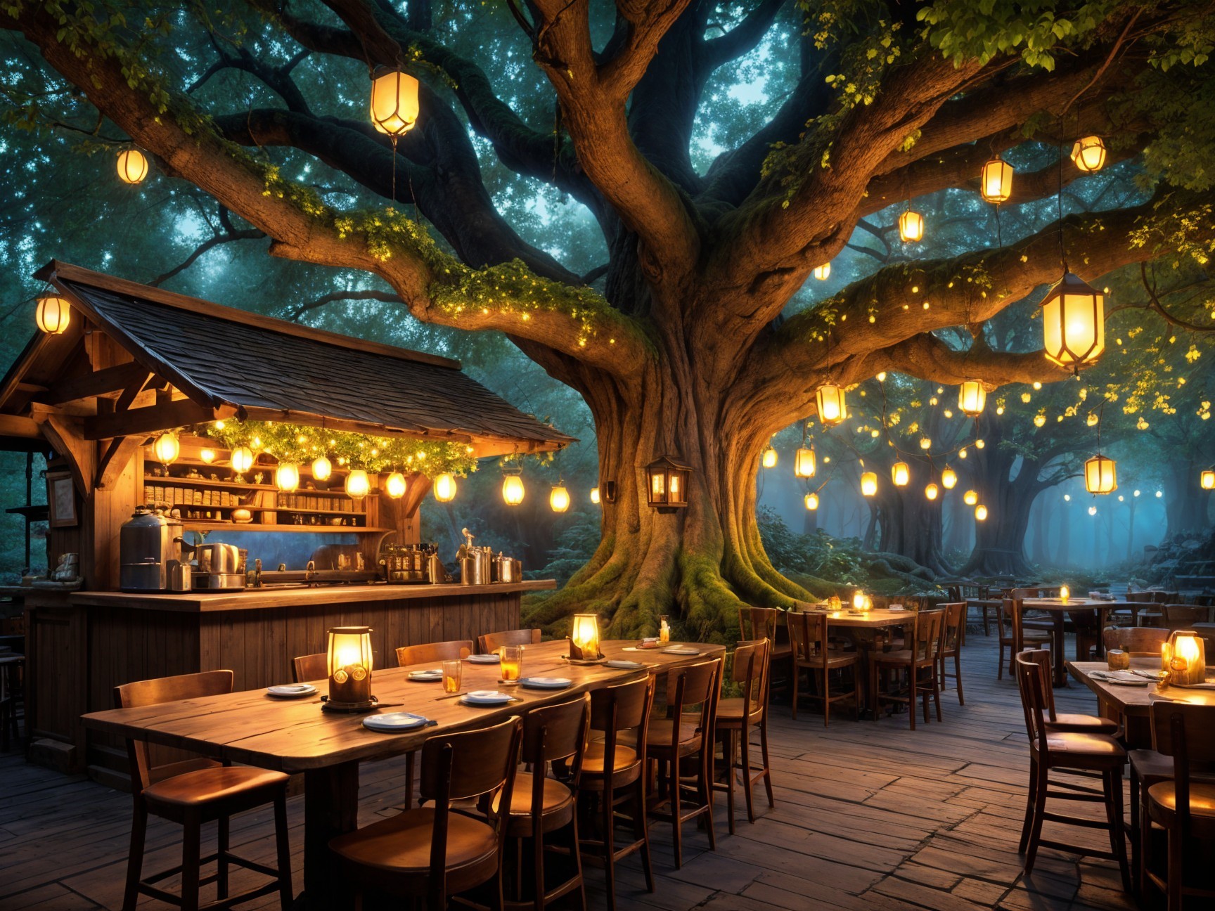 Outdoor Dining Under Ancient Tree with Lanterns
