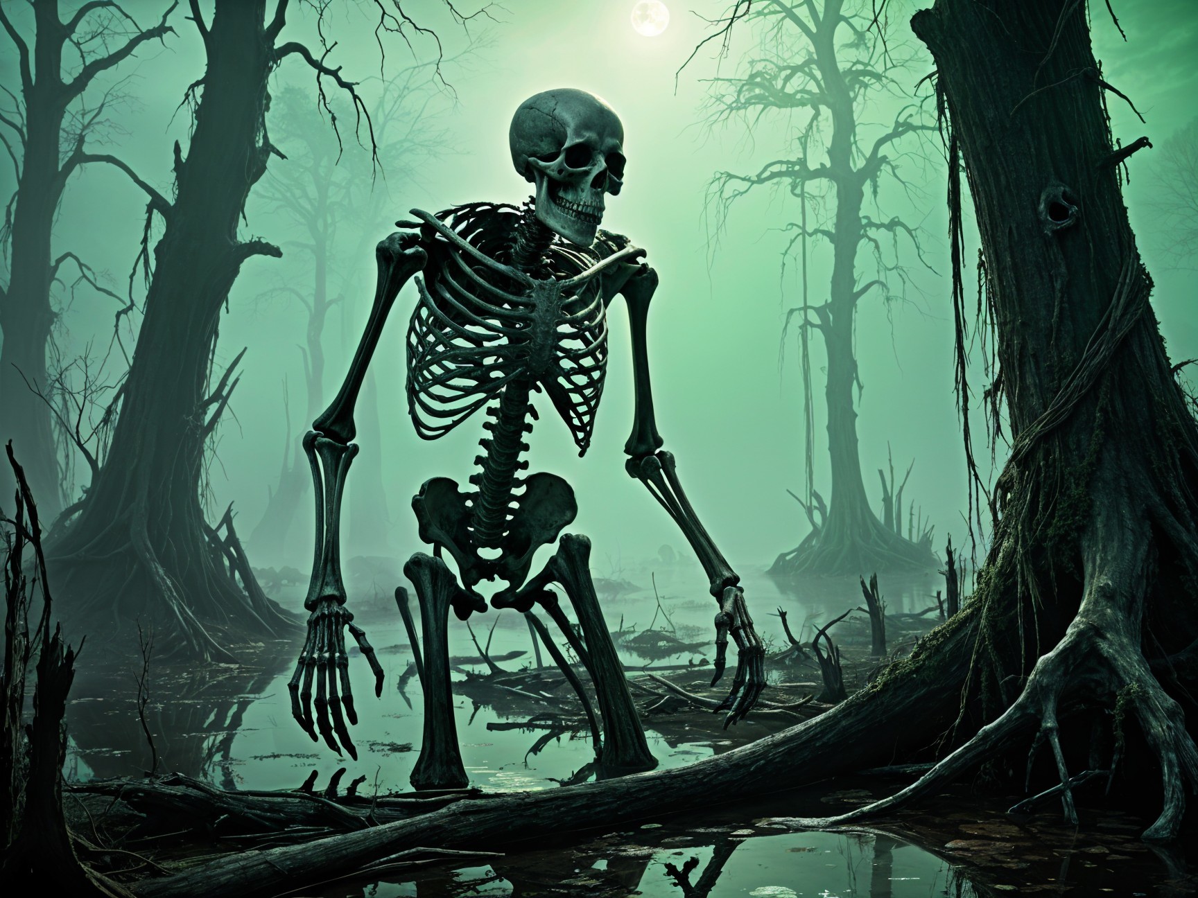 Skeleton in a Misty Swamp Under Moonlight