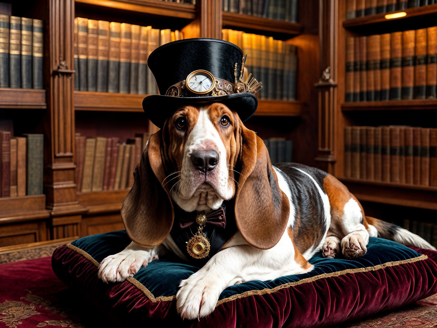 Beagle Dog in Top Hat Relaxing in Elegant Library