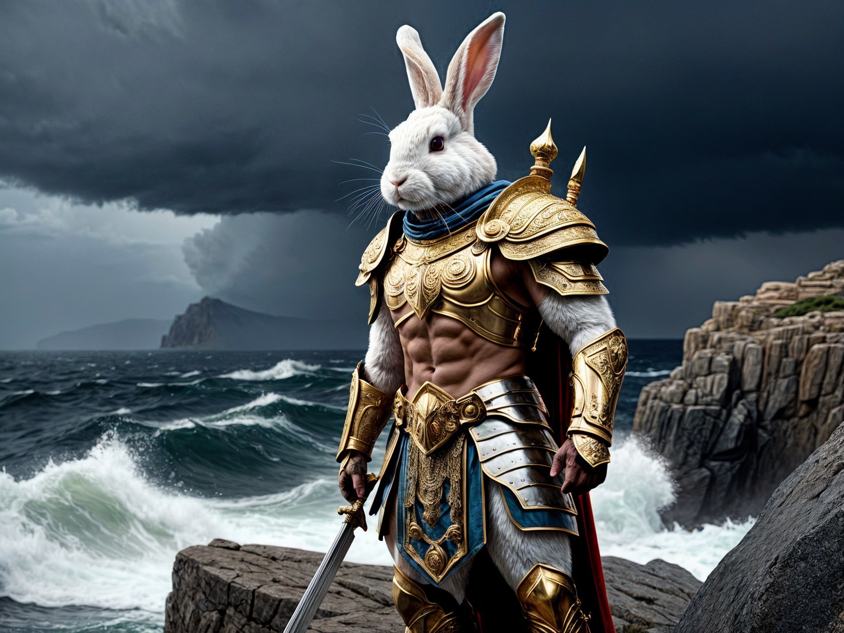 Warrior with Rabbit Head in Gold Armor on Rocky Shore