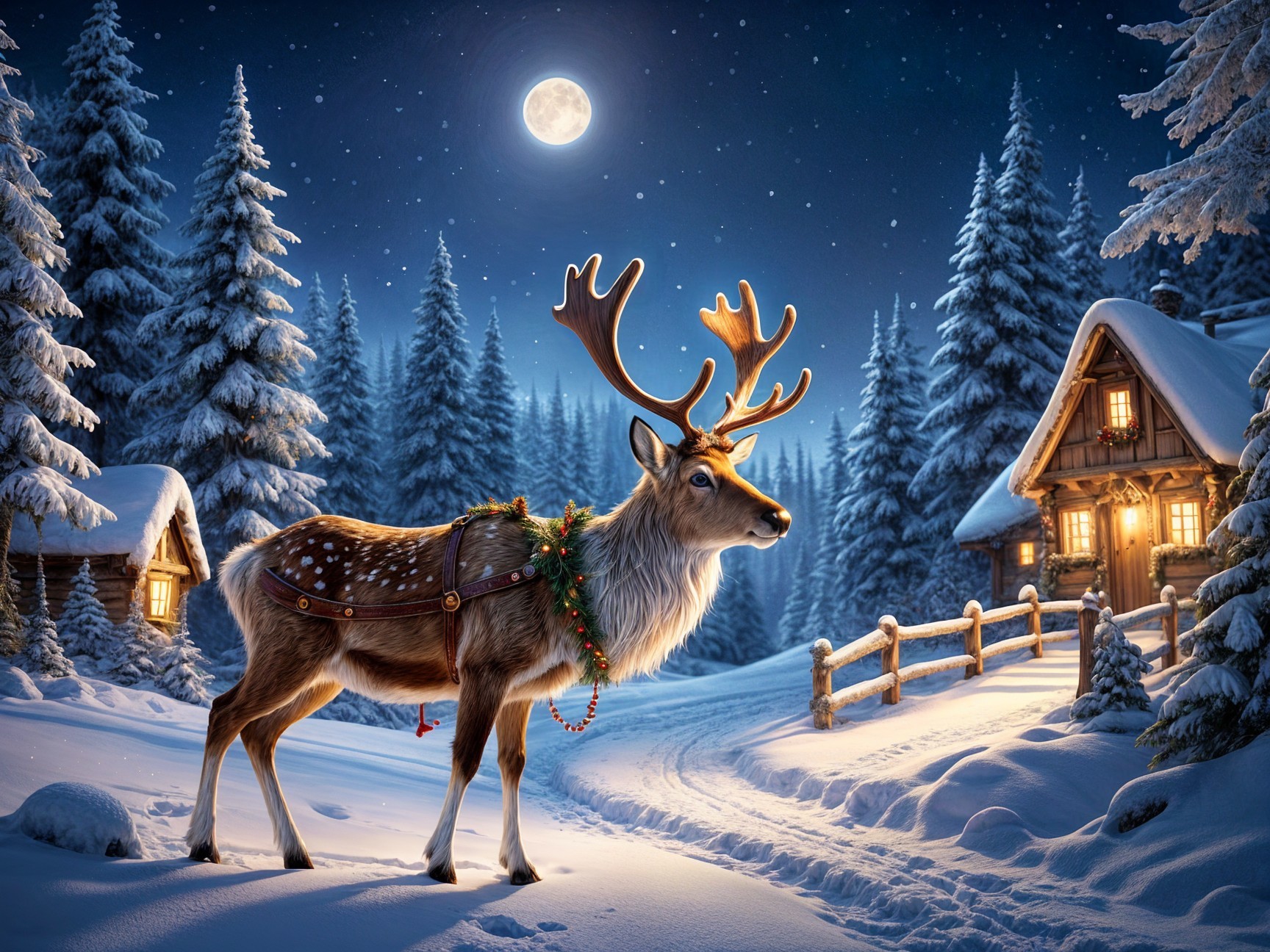 Reindeer with Antlers in Snowy Holiday Landscape