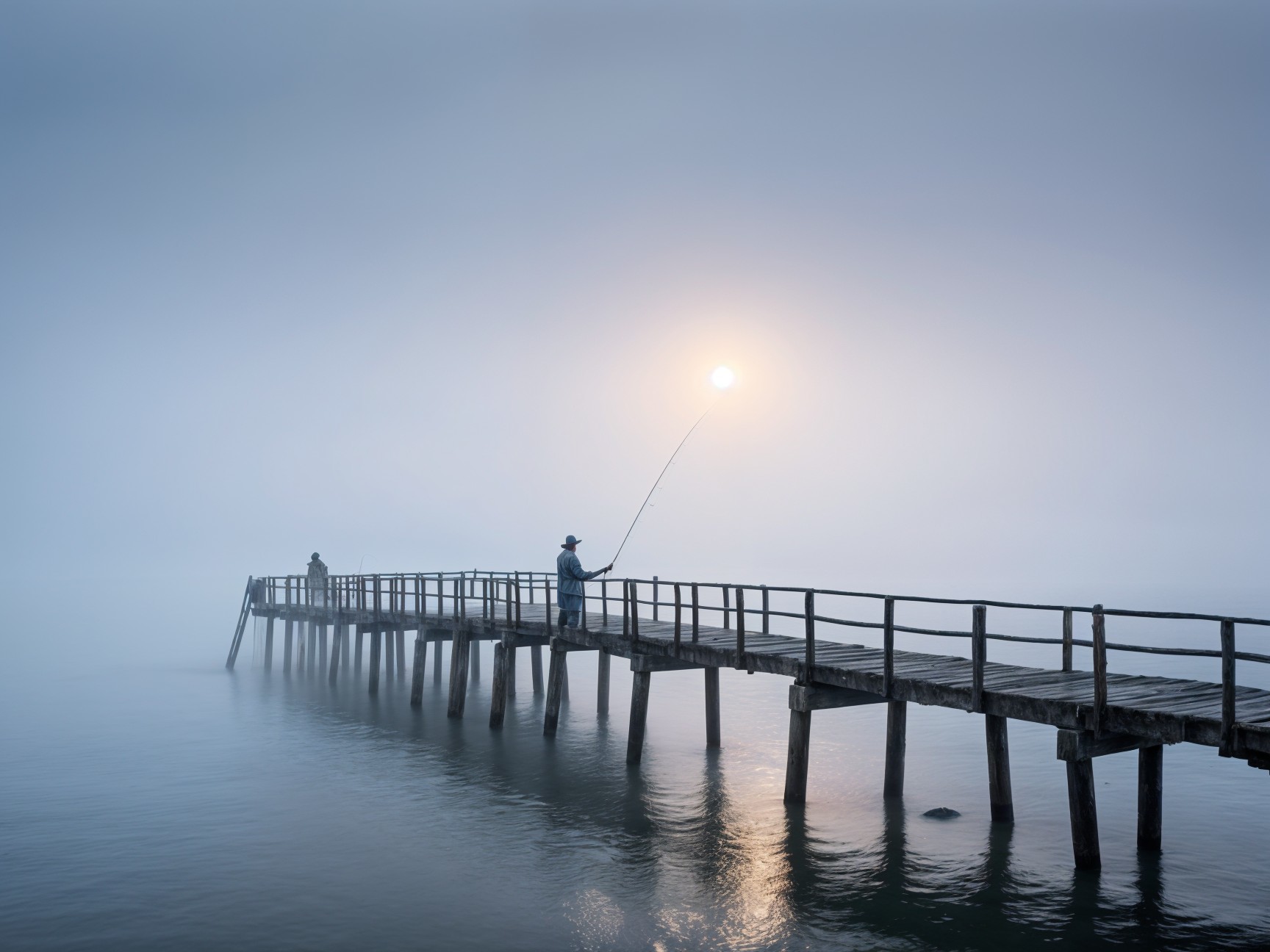 Foggy Pier Scene with Fisherman at Sunrise