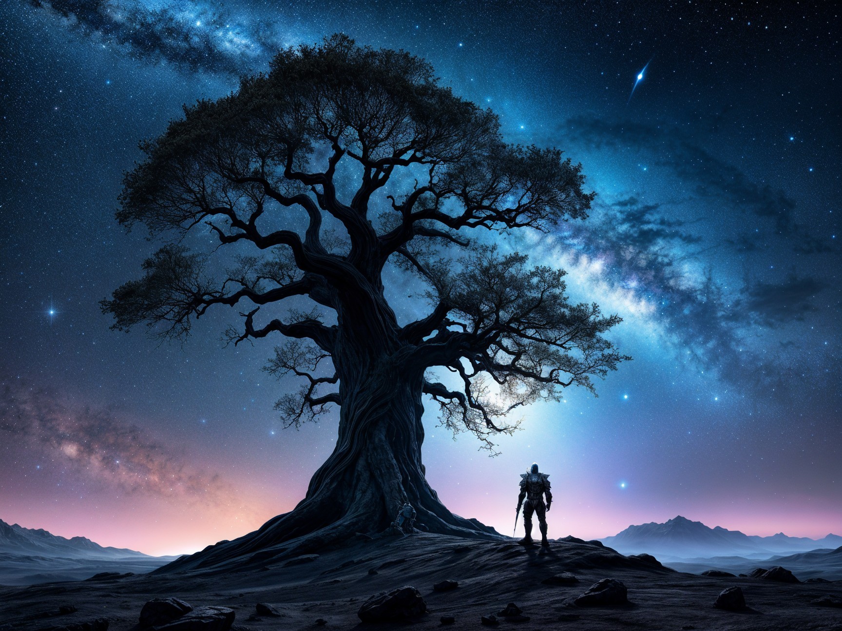 Solitary Figure in Spacesuit Beside Cosmic Tree