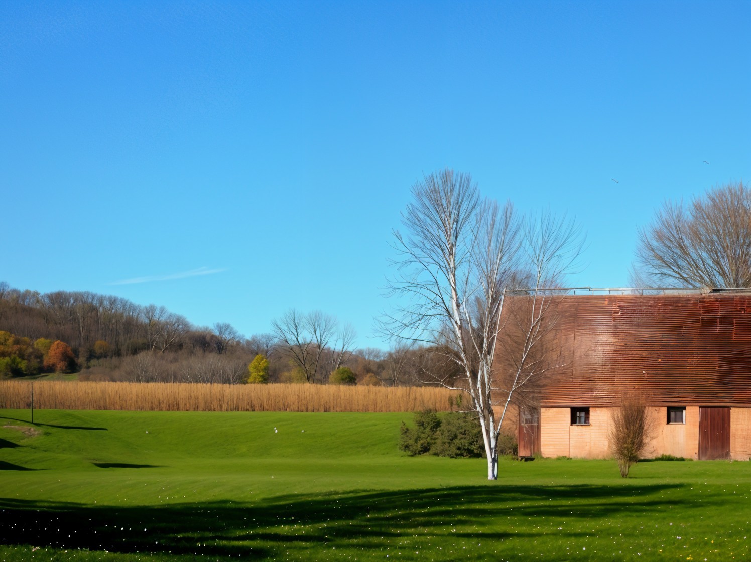 Modern Barn in Serene Landscape with Autumn Colors