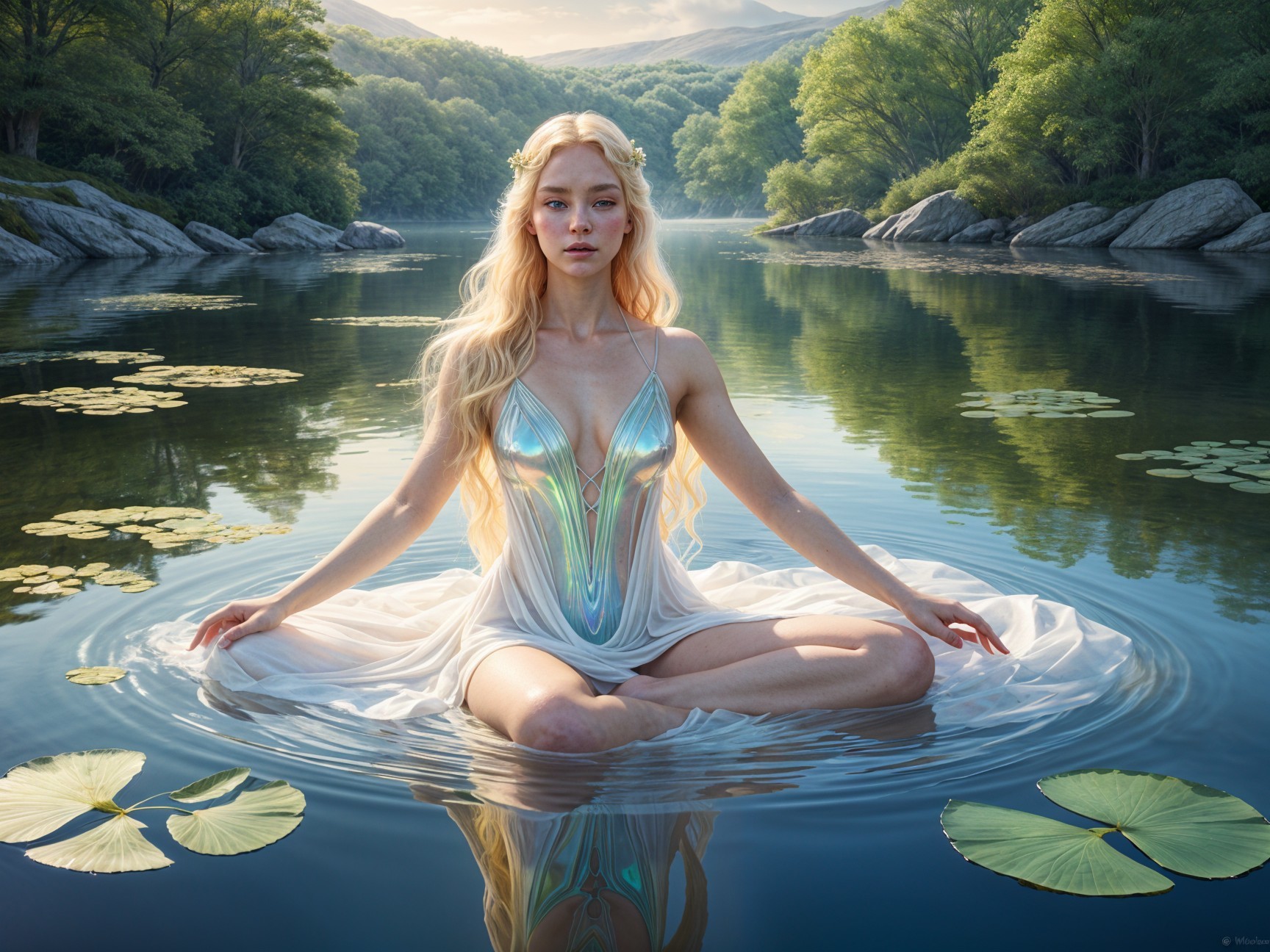 Tranquil Figure in Lake Surrounded by Nature
