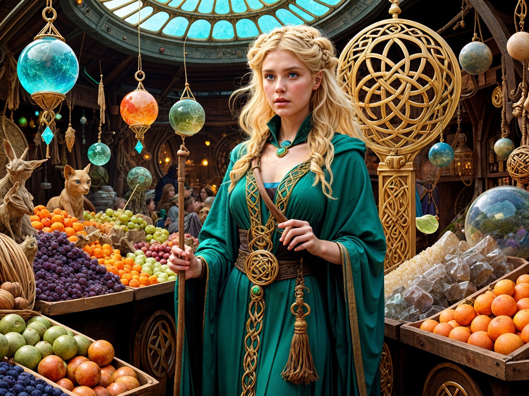 Vibrant Marketplace with Colorful Fruits and Artifacts