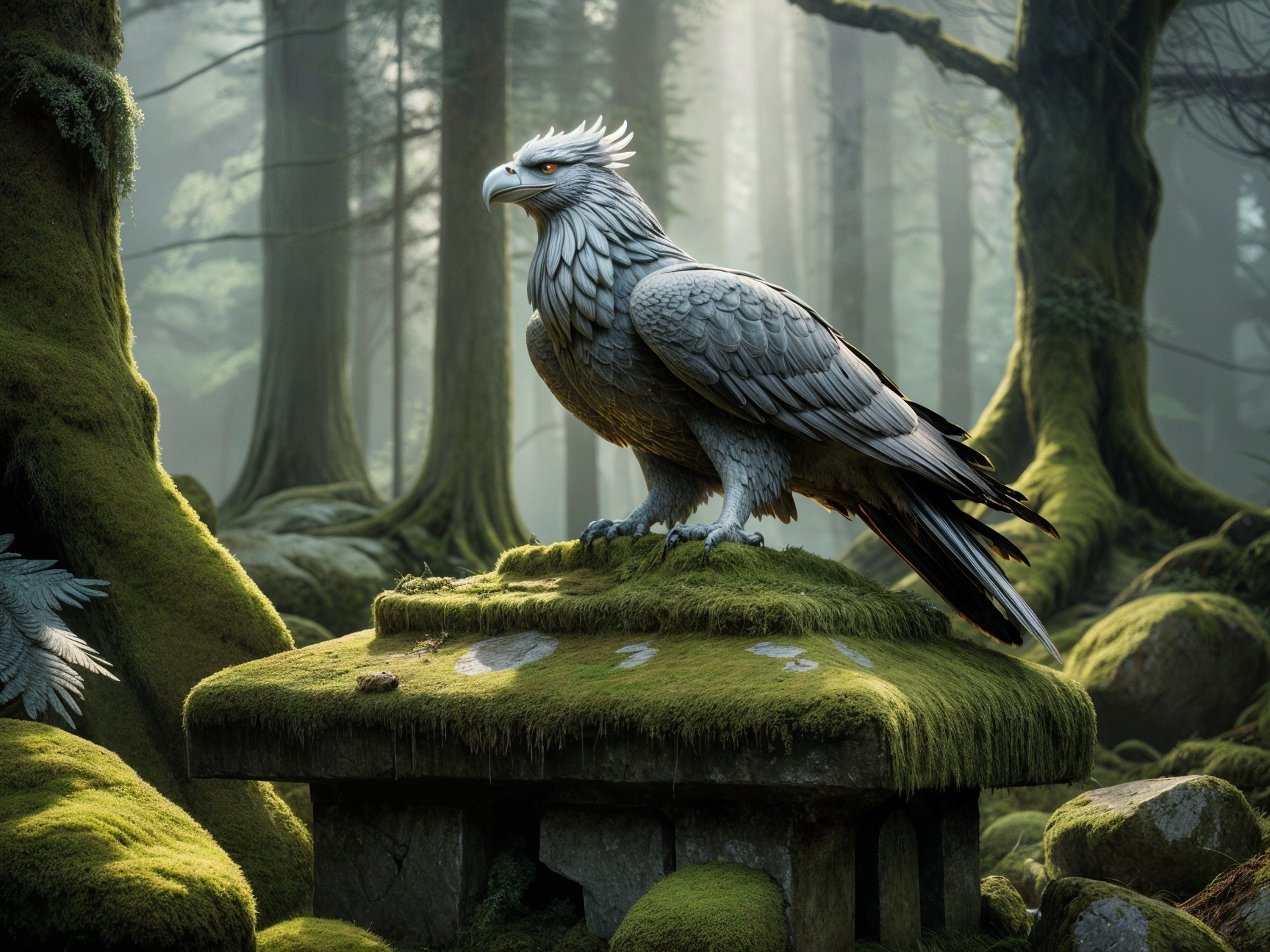 Mythical Creature on Moss-Covered Pedestal in Forest