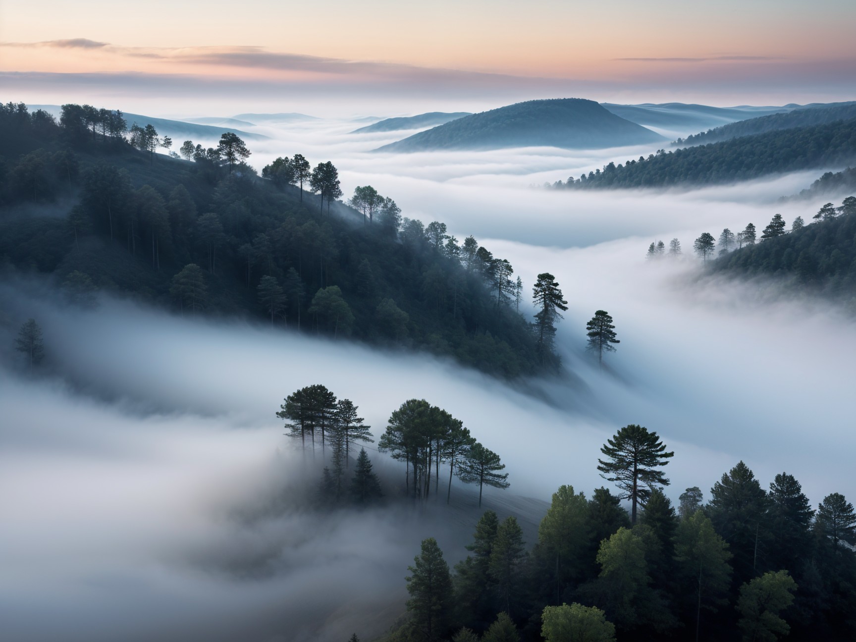 Serene Dawn Landscape with Fog and Rolling Hills