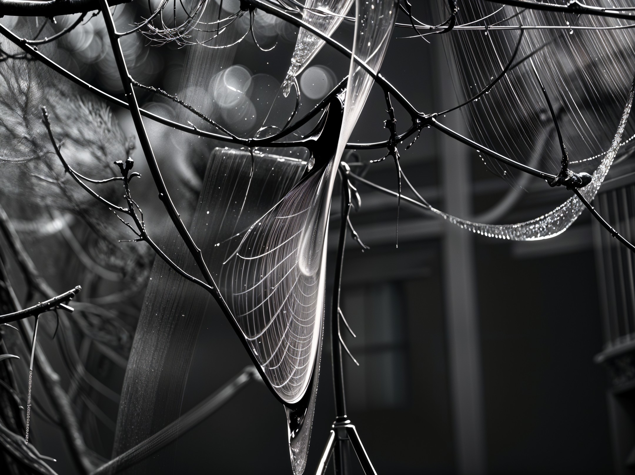 Close-up of Dewy Spider Webs on Bare Branches