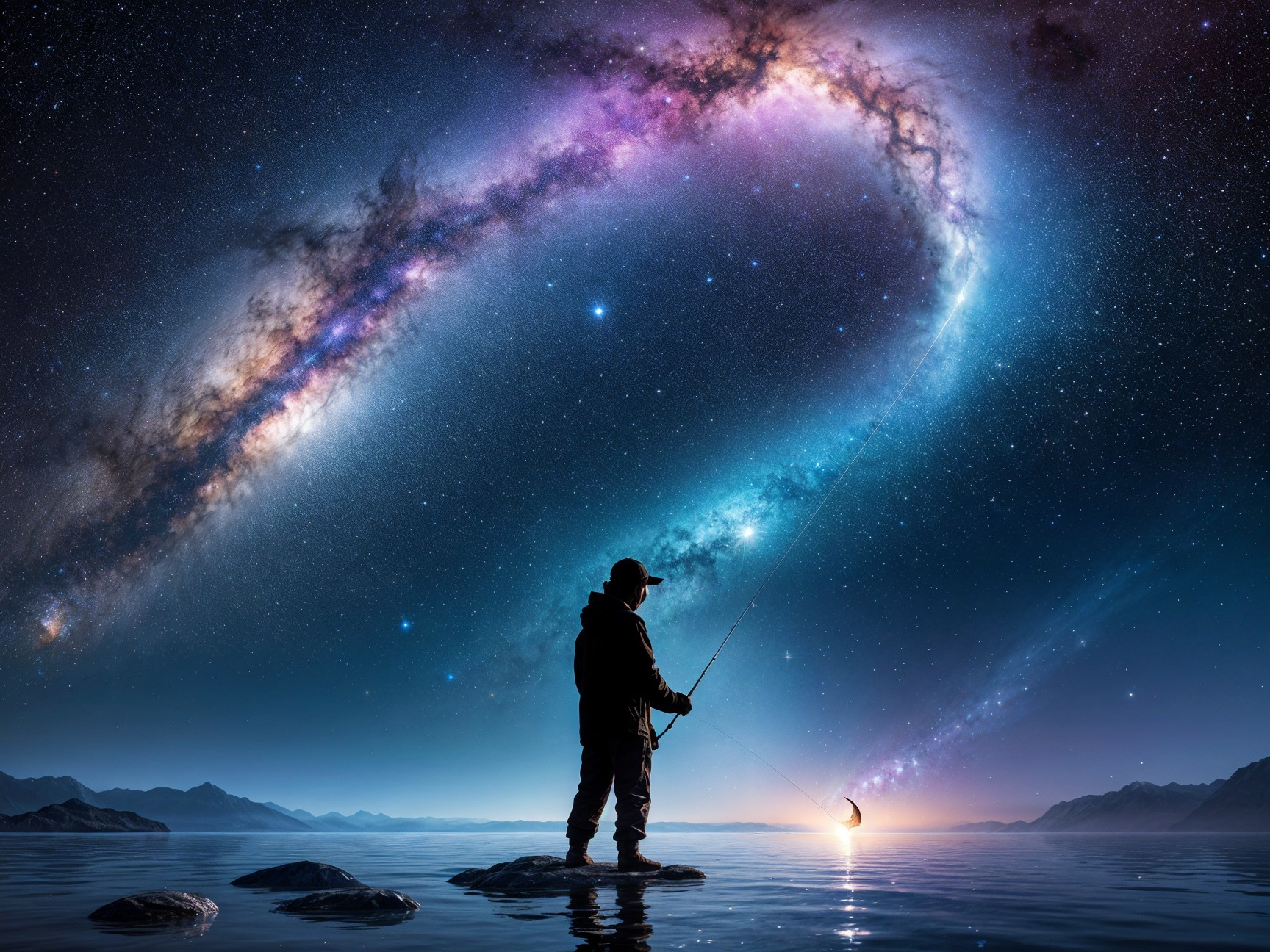 Lone Figure Fishing on Serene Lake Under Stars