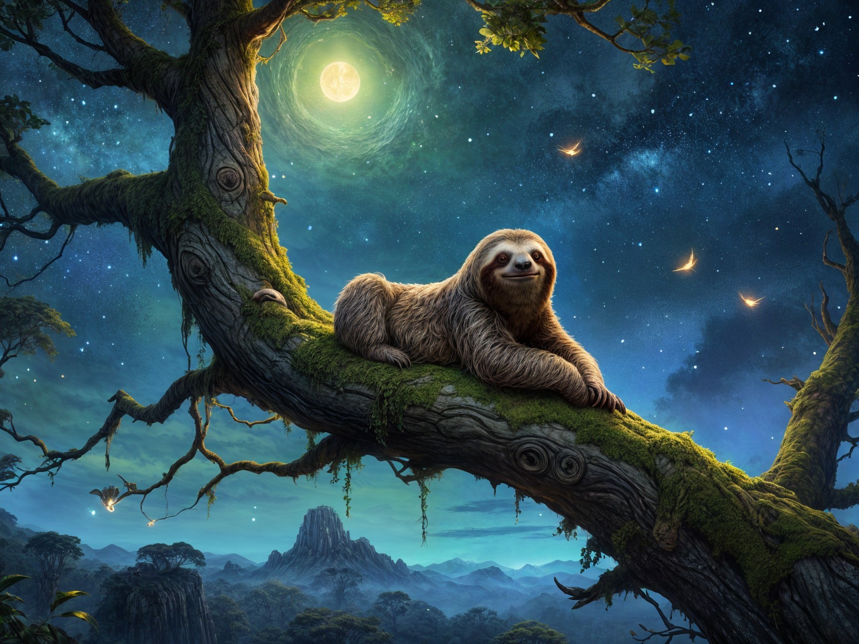 Whimsical Sloth on Mossy Branch Under Moonlit Sky