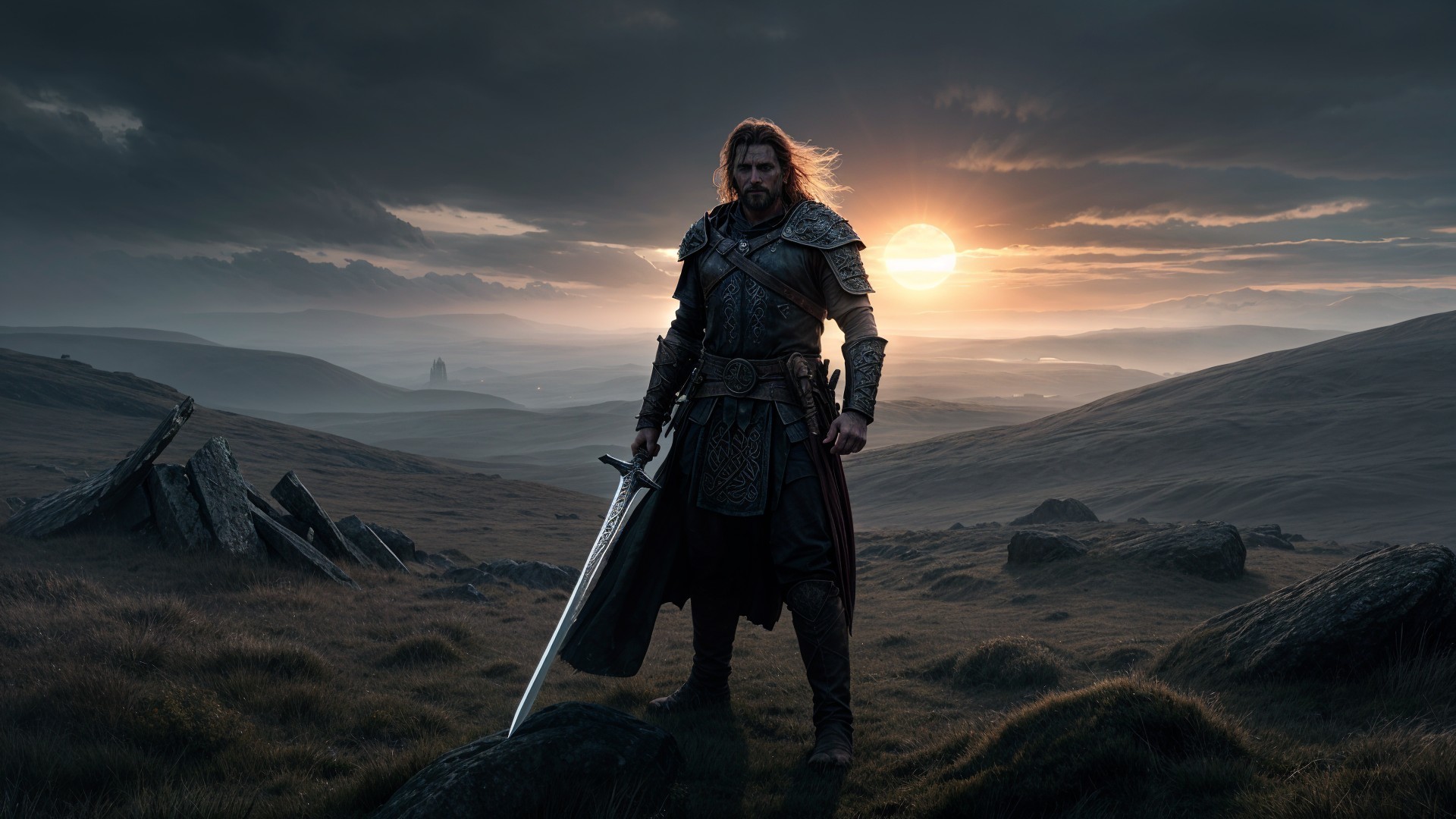 Majestic warrior in armor with sword at sunset backdrop