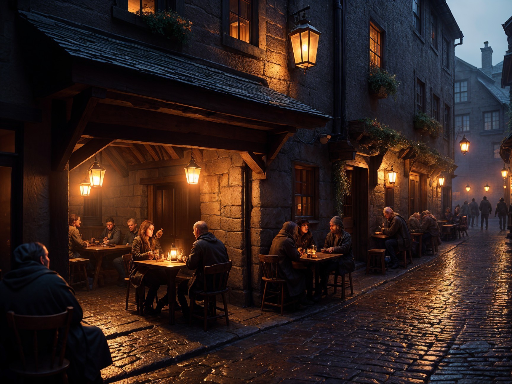 Rustic Cobblestone Street with Lanterns and Tables