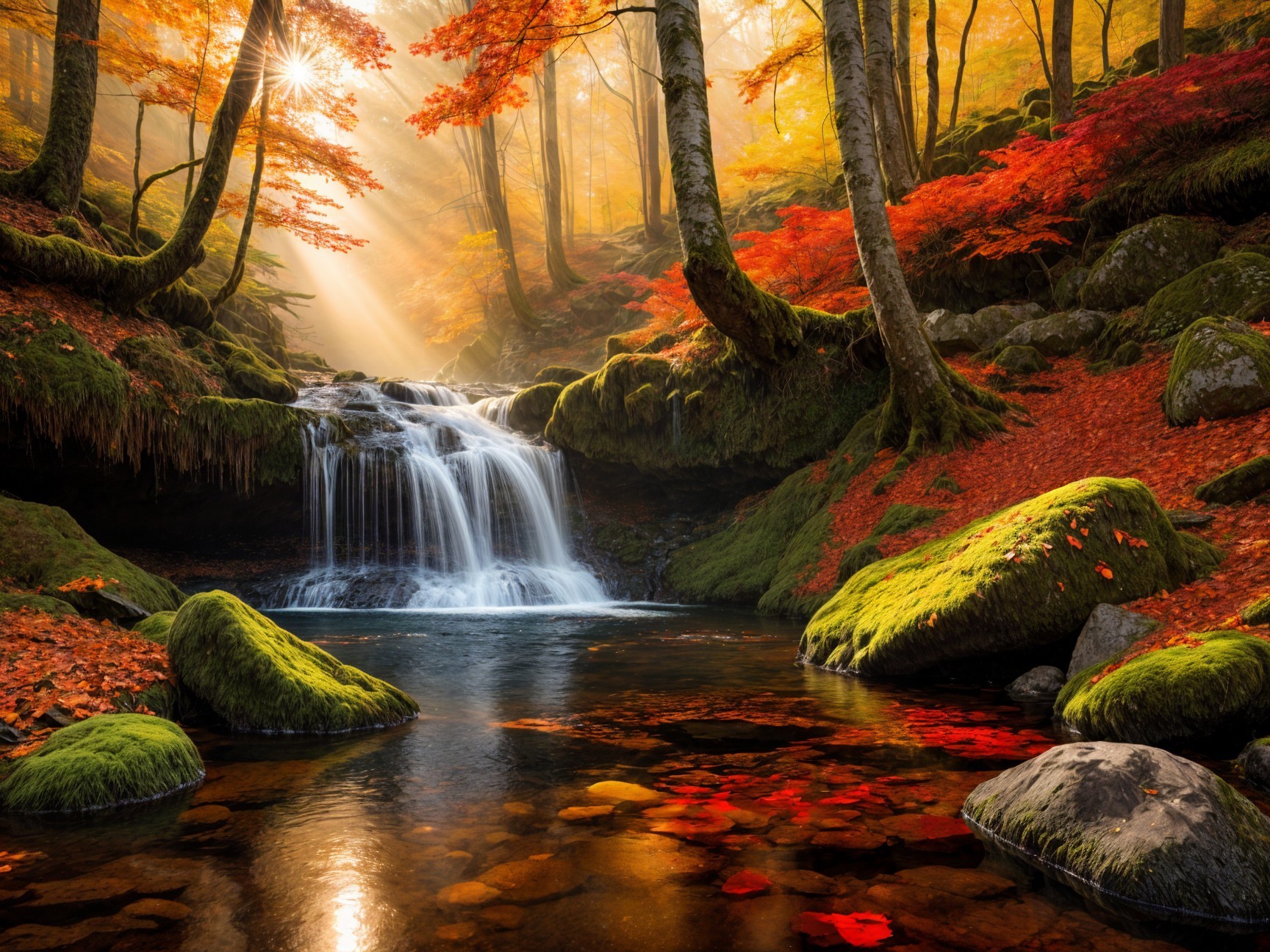Serene Forest Waterfall with Autumn Foliage and Sunlight
