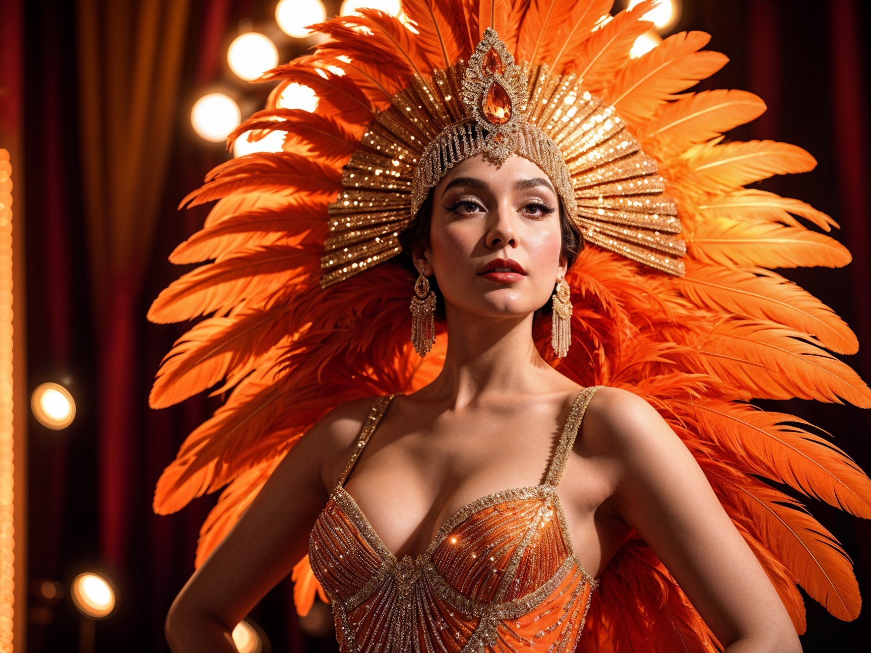 Glamorous performer in orange feather headdress and costume
