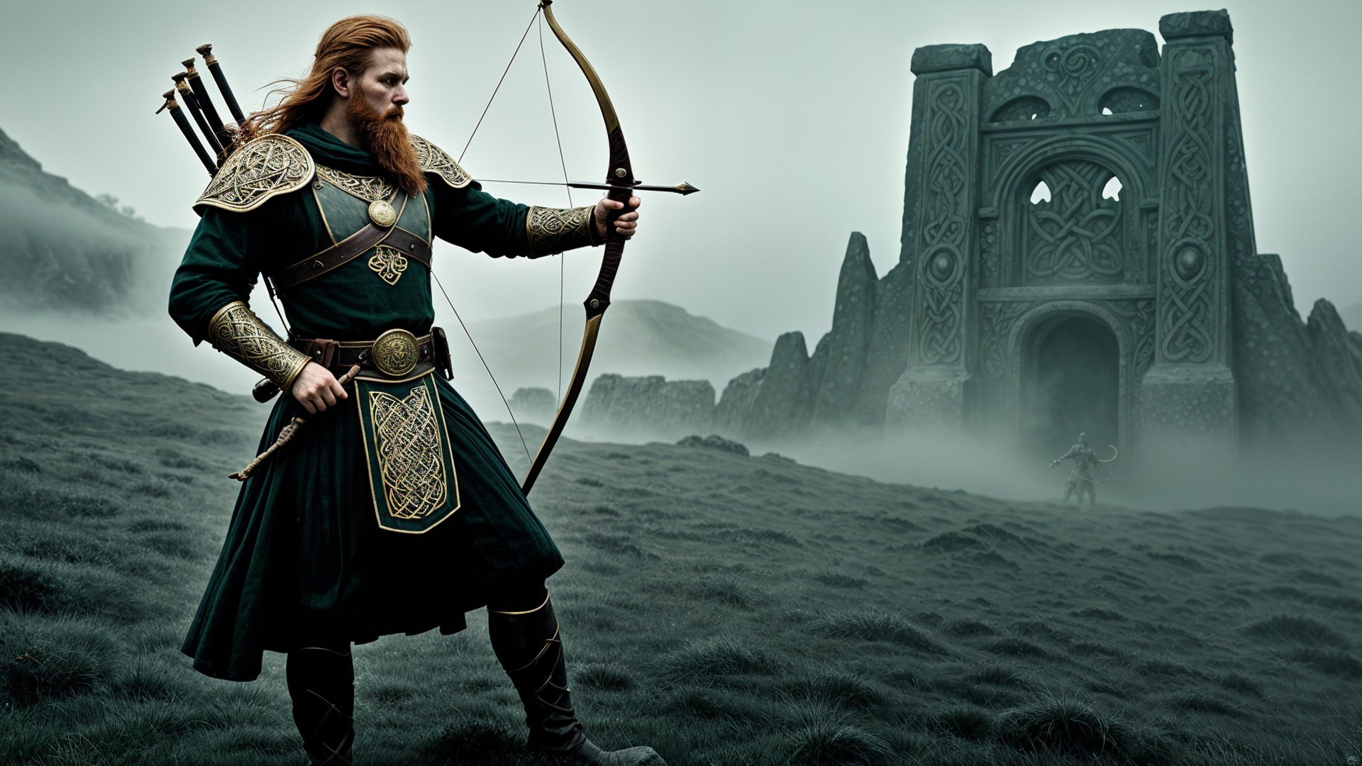 Mythical warrior with bow in misty landscape