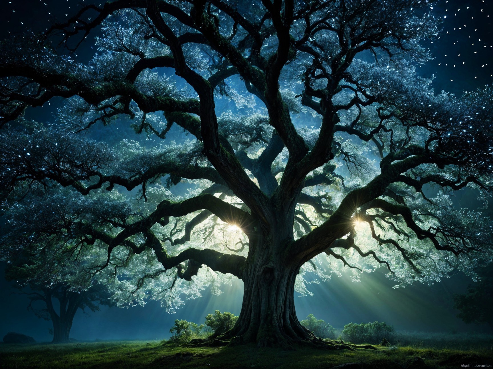 Majestic tree under starry night sky with moonlight