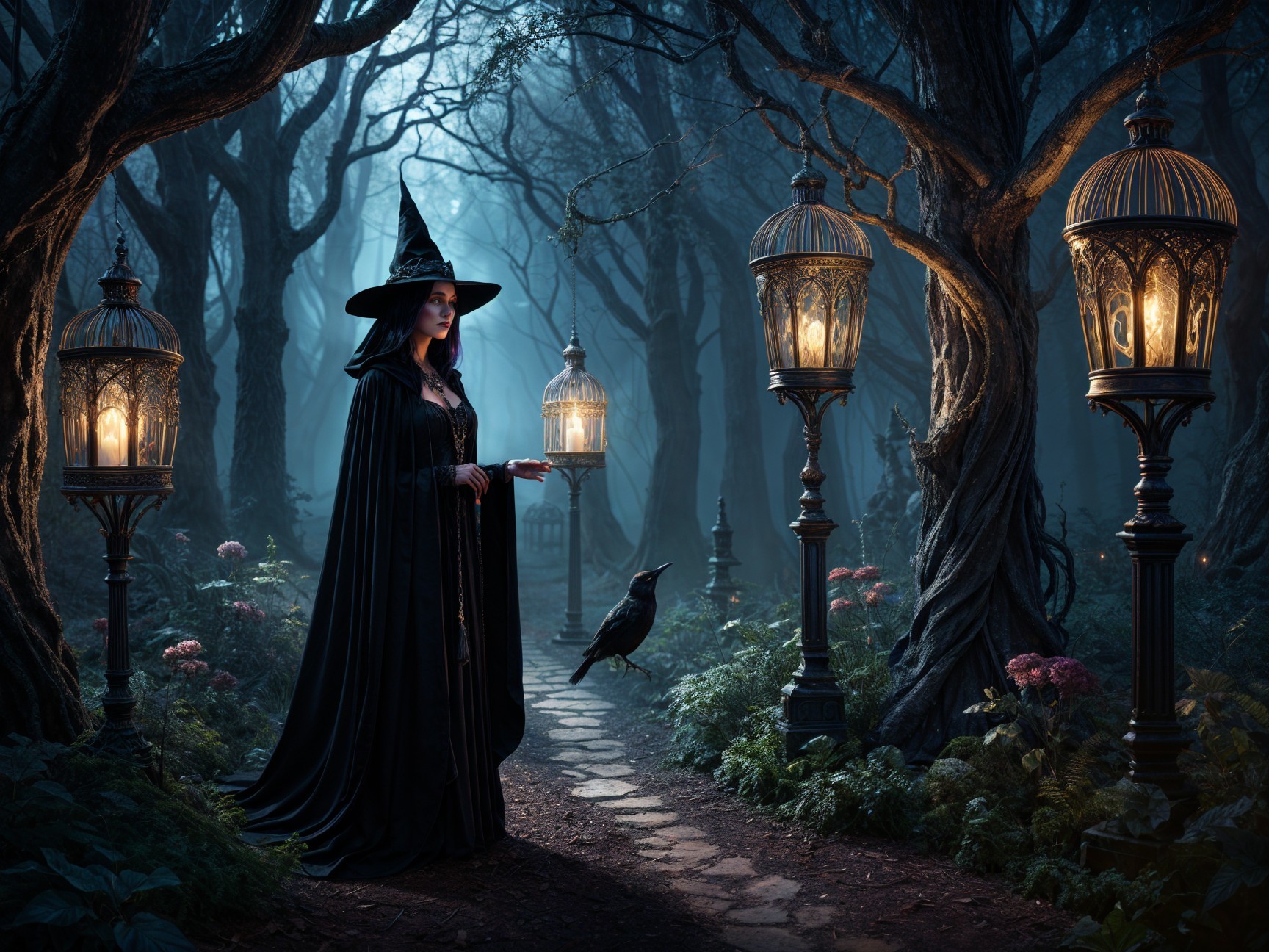 Mysterious Witch in Lantern-Lit Enchanted Forest