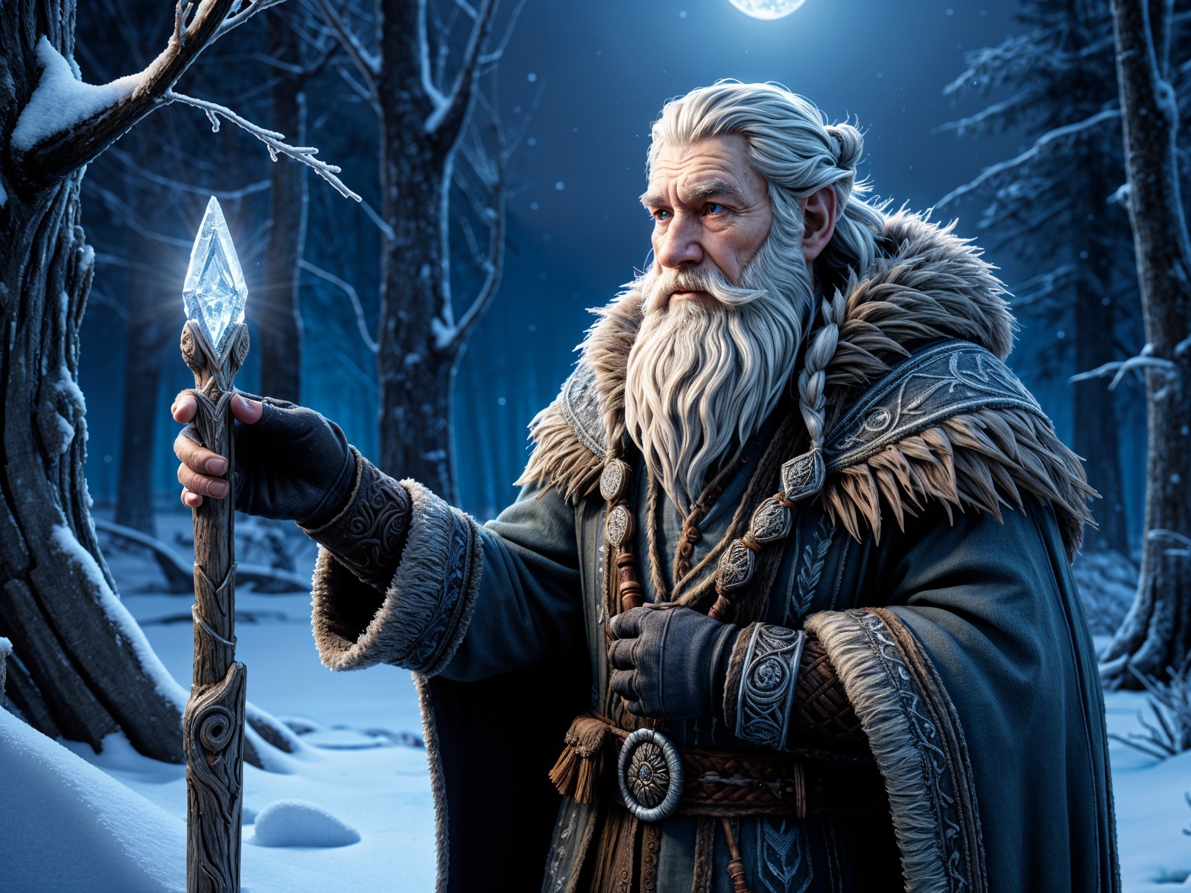 Wise Wizard in Enchanted Snowy Forest at Night