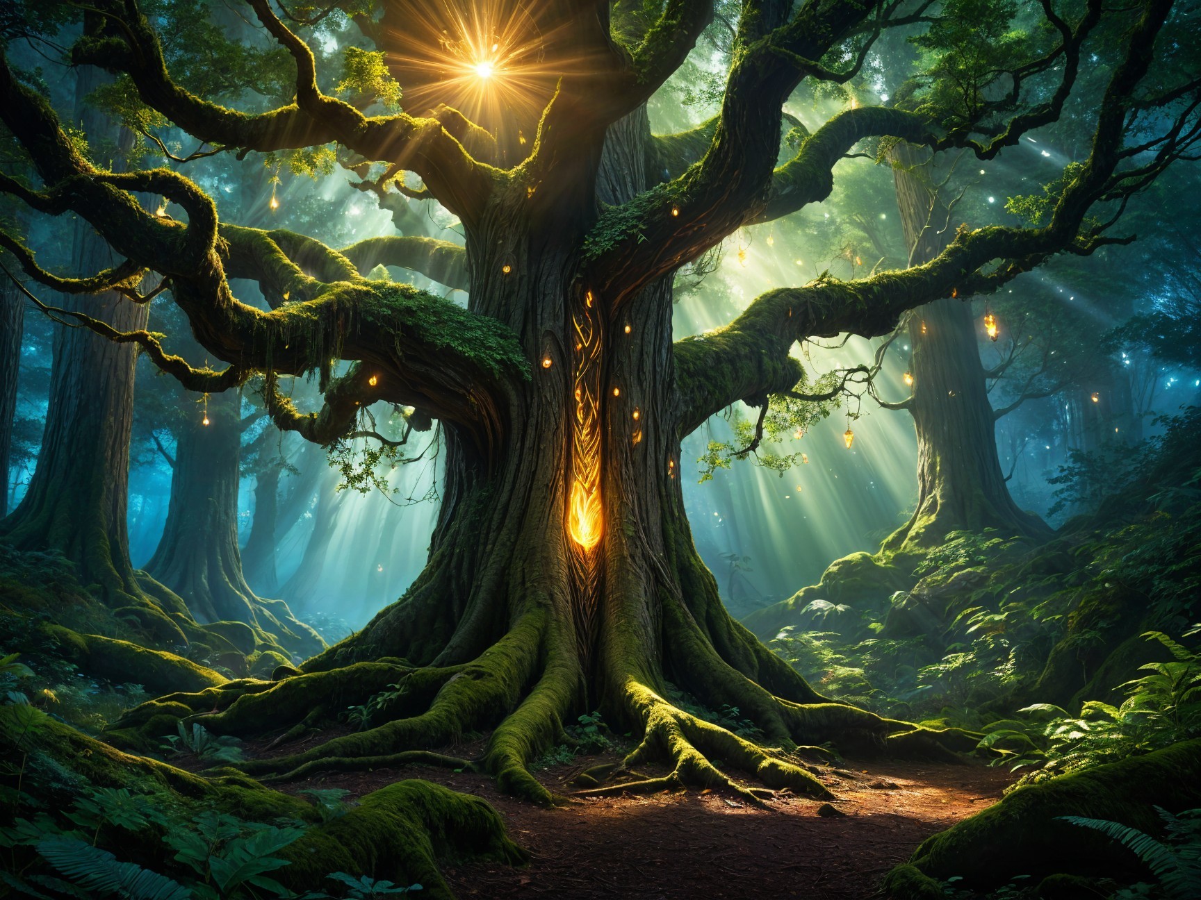 Ancient Tree in a Mystical Forest with Glowing Orbs