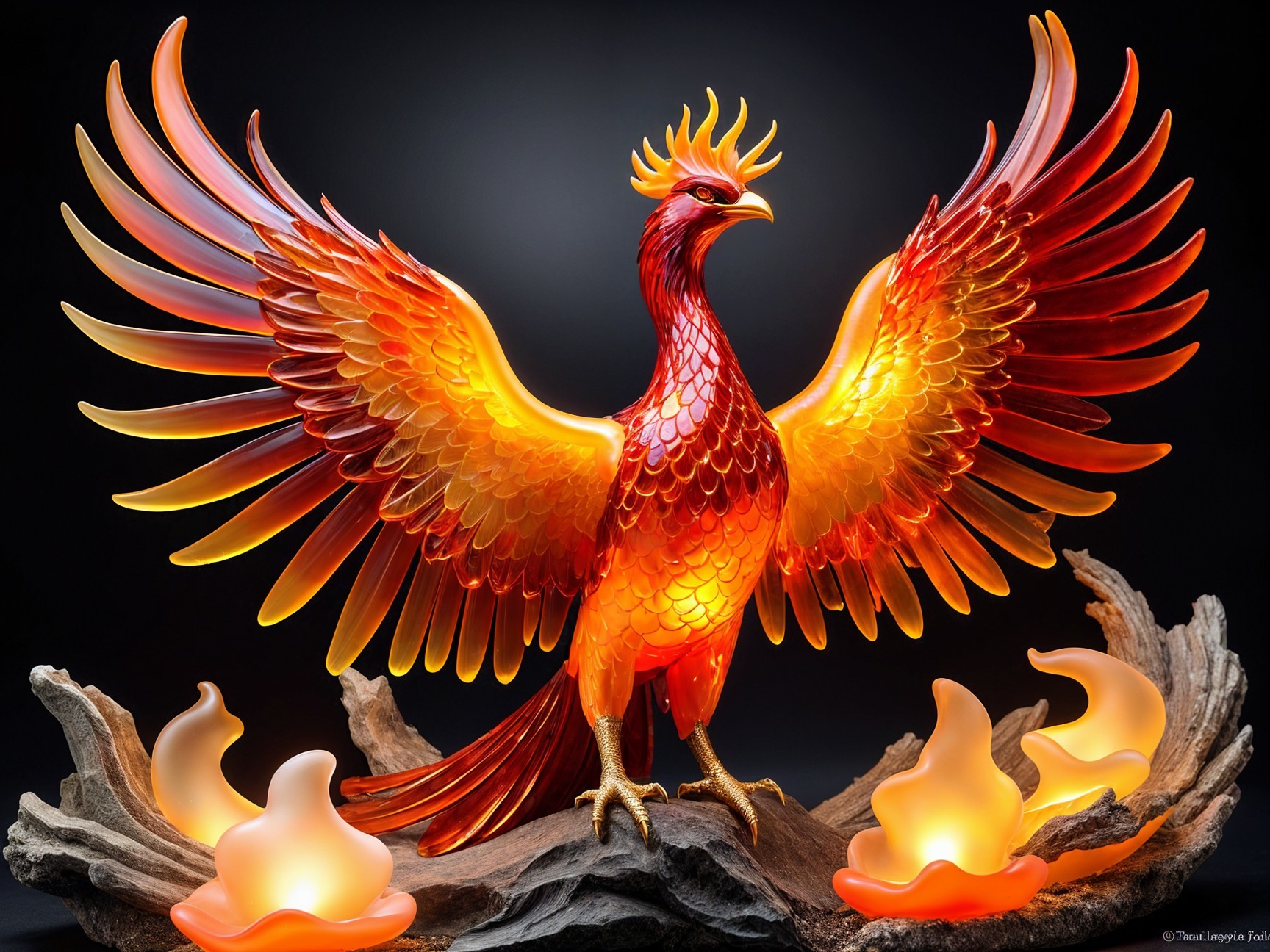 Vibrant Glass Phoenix Sculpture with Illuminated Flames