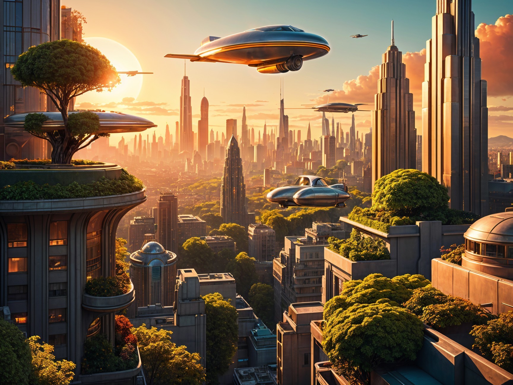 Futuristic cityscape at sunset with greenery and vehicles