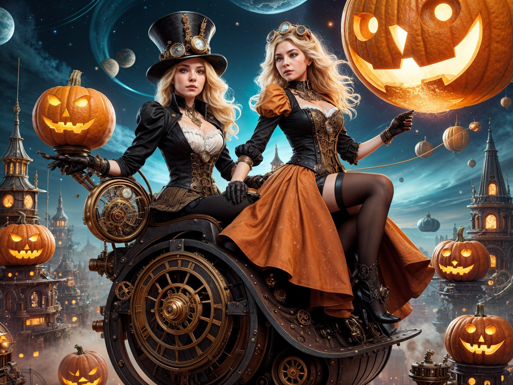 Steampunk Women in Halloween-Themed Cityscape