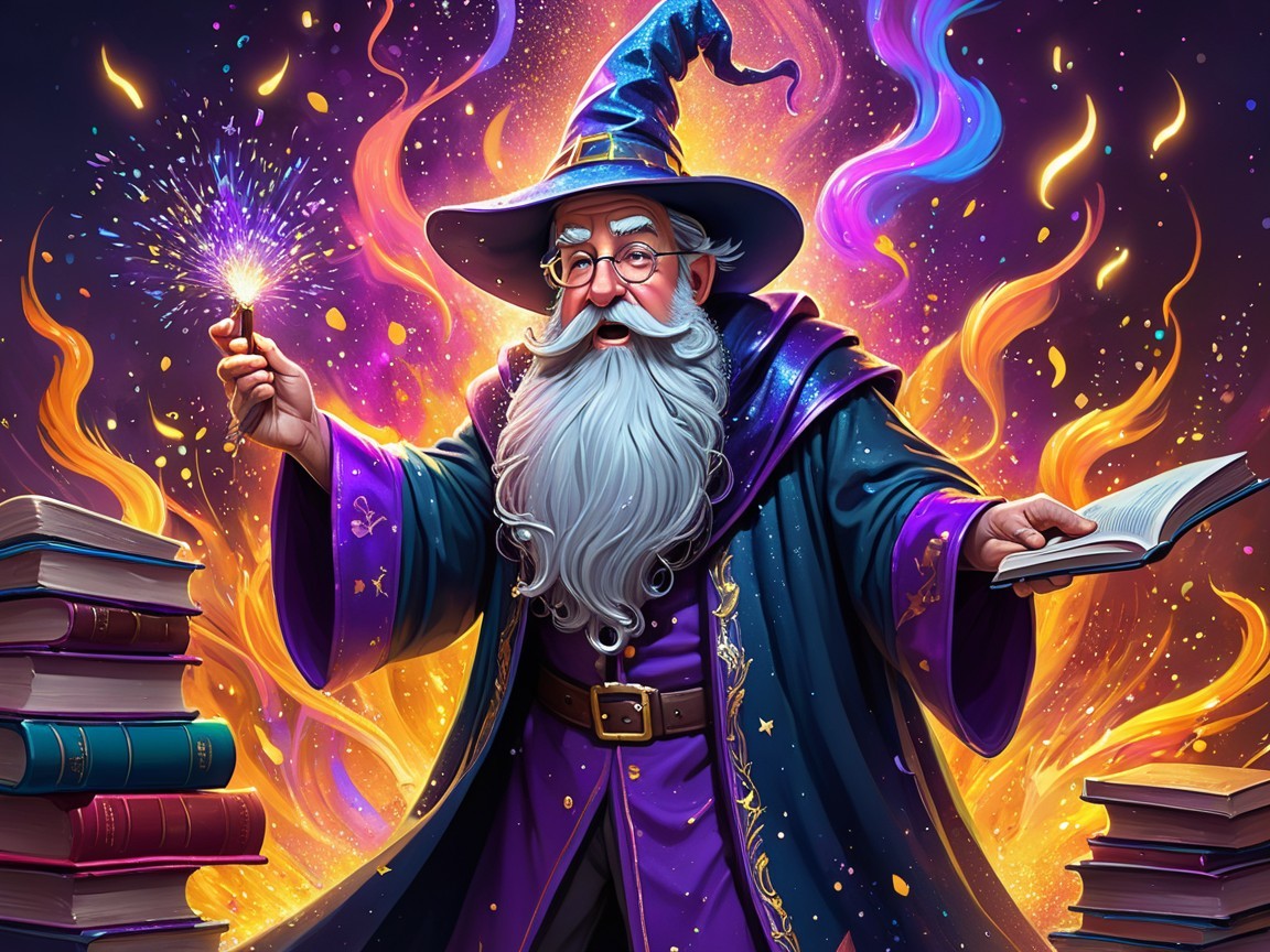 Wizard Surrounded by Magical Energy and Flames