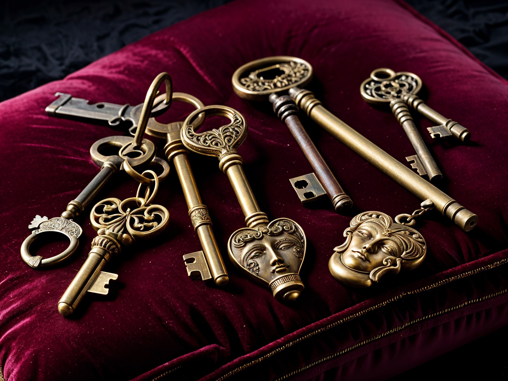 Ornate Antique Keys on Burgundy Velvet Cushion