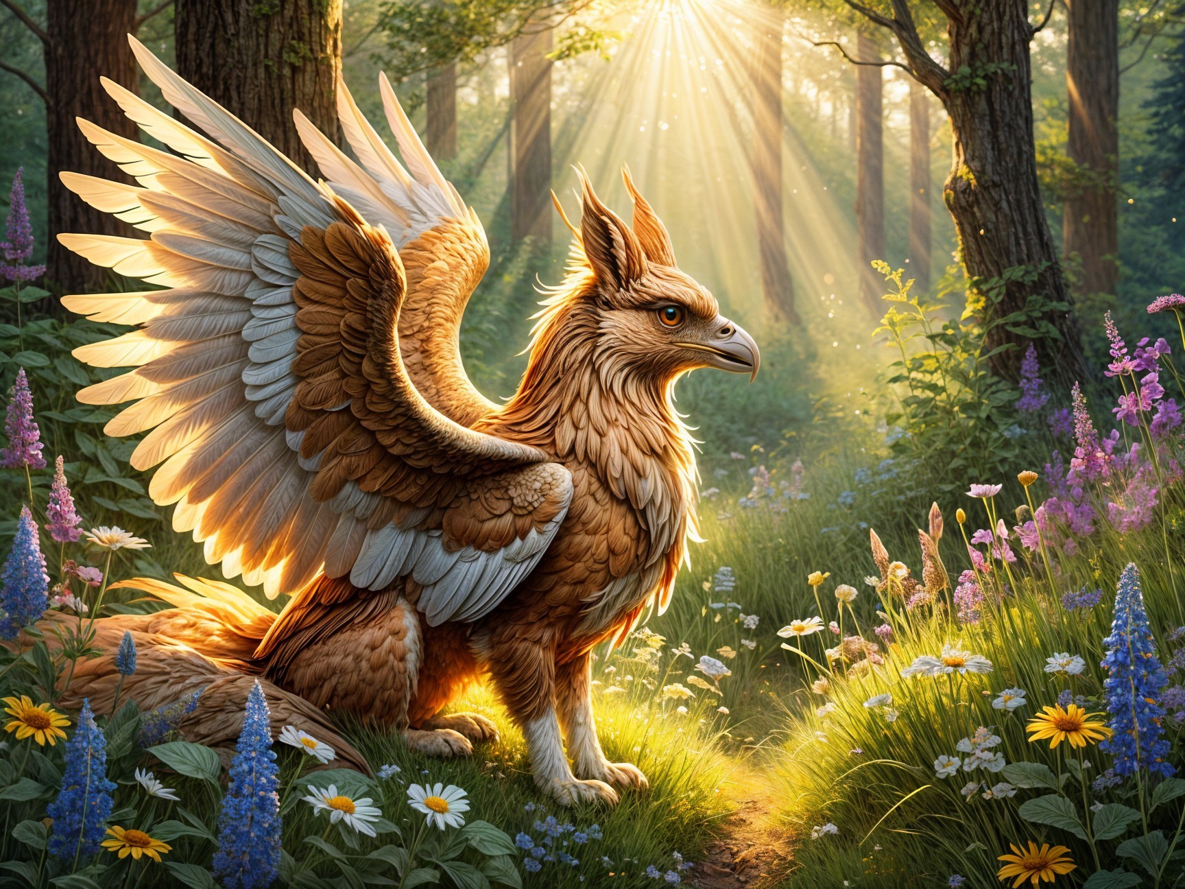 Griffin in Sunlit Forest Surrounded by Wildflowers