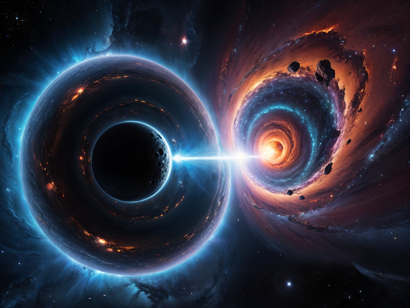 Cosmic Scene of Blue Planet and Fiery Black Hole