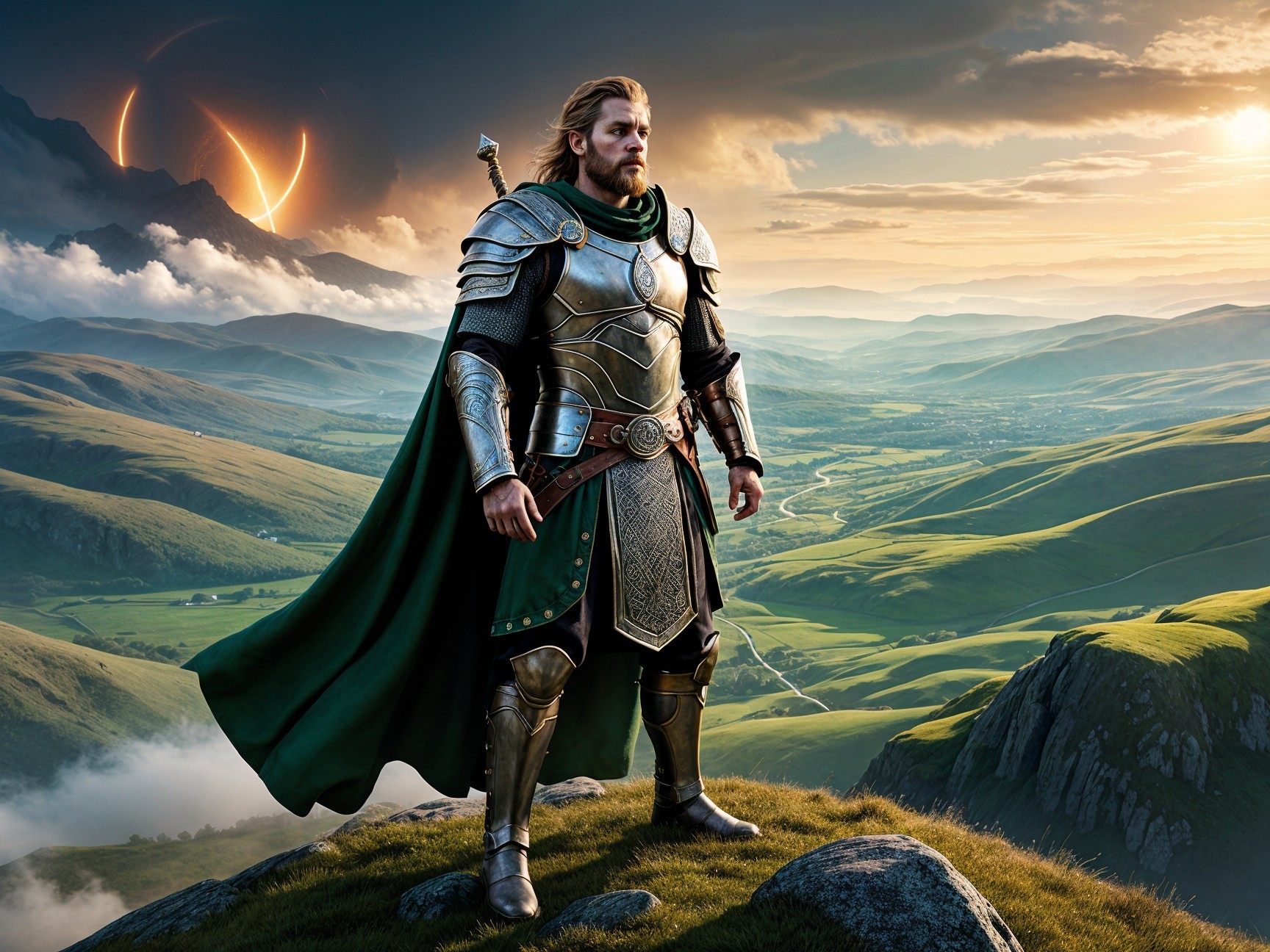 Heroic figure in armor on a hill with twin suns