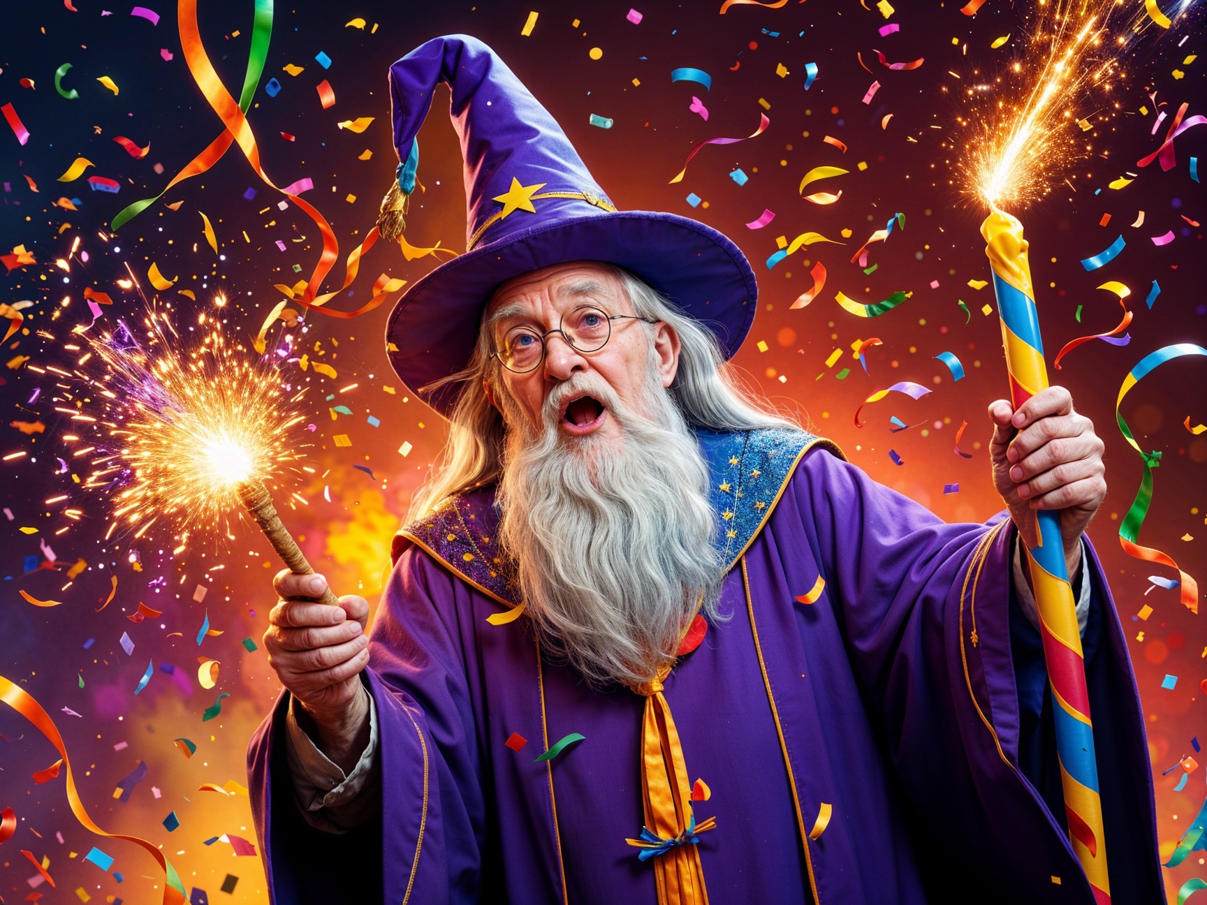 Jubilant wizard in purple robe with sparklers and confetti
