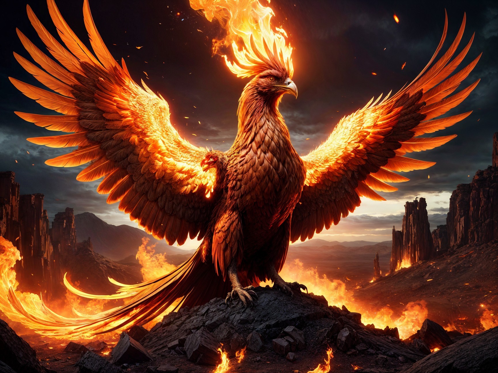 Majestic phoenix with fiery plumage in stormy landscape