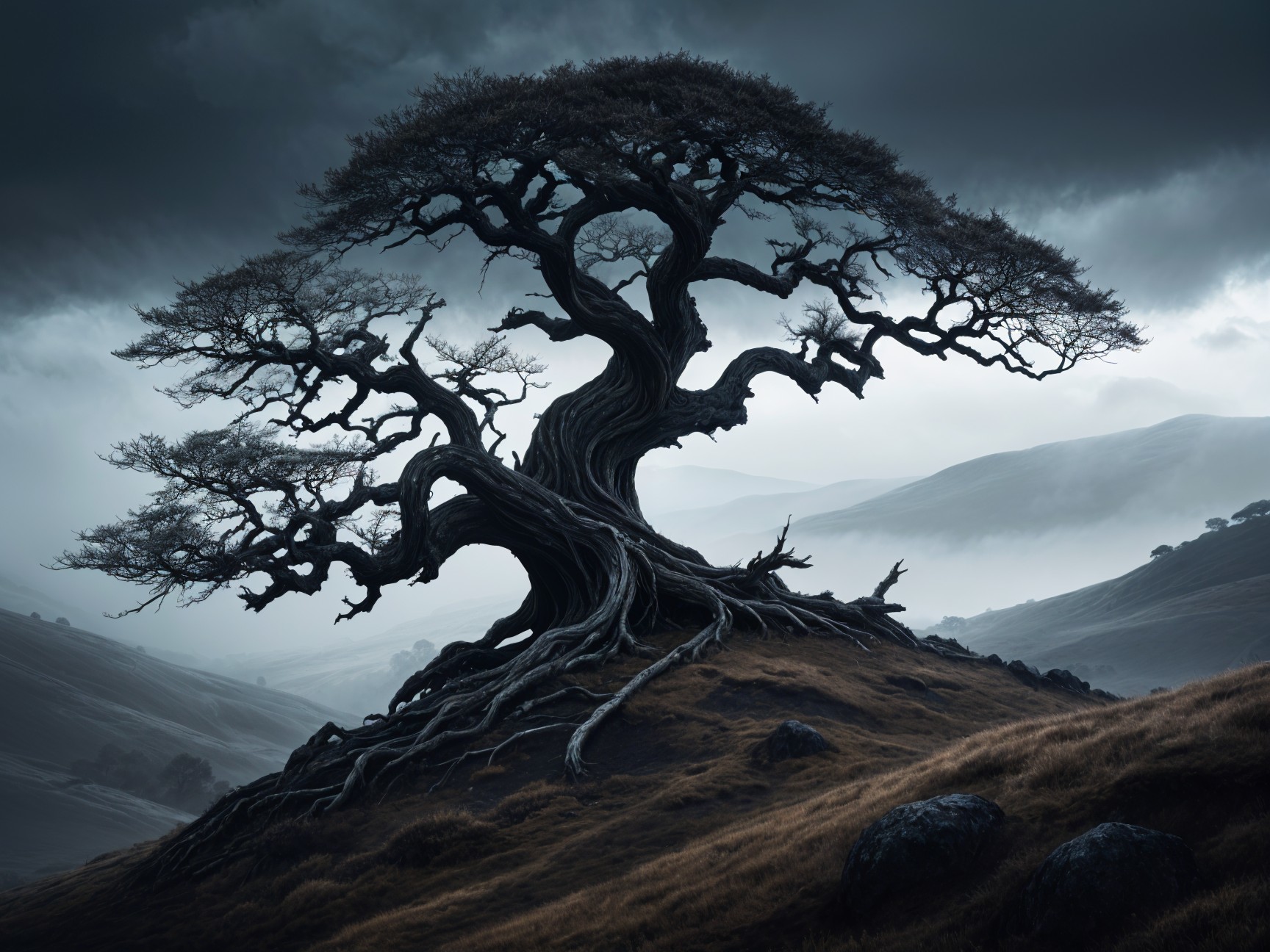 Gnarled Tree on Rugged Hill Under Stormy Sky