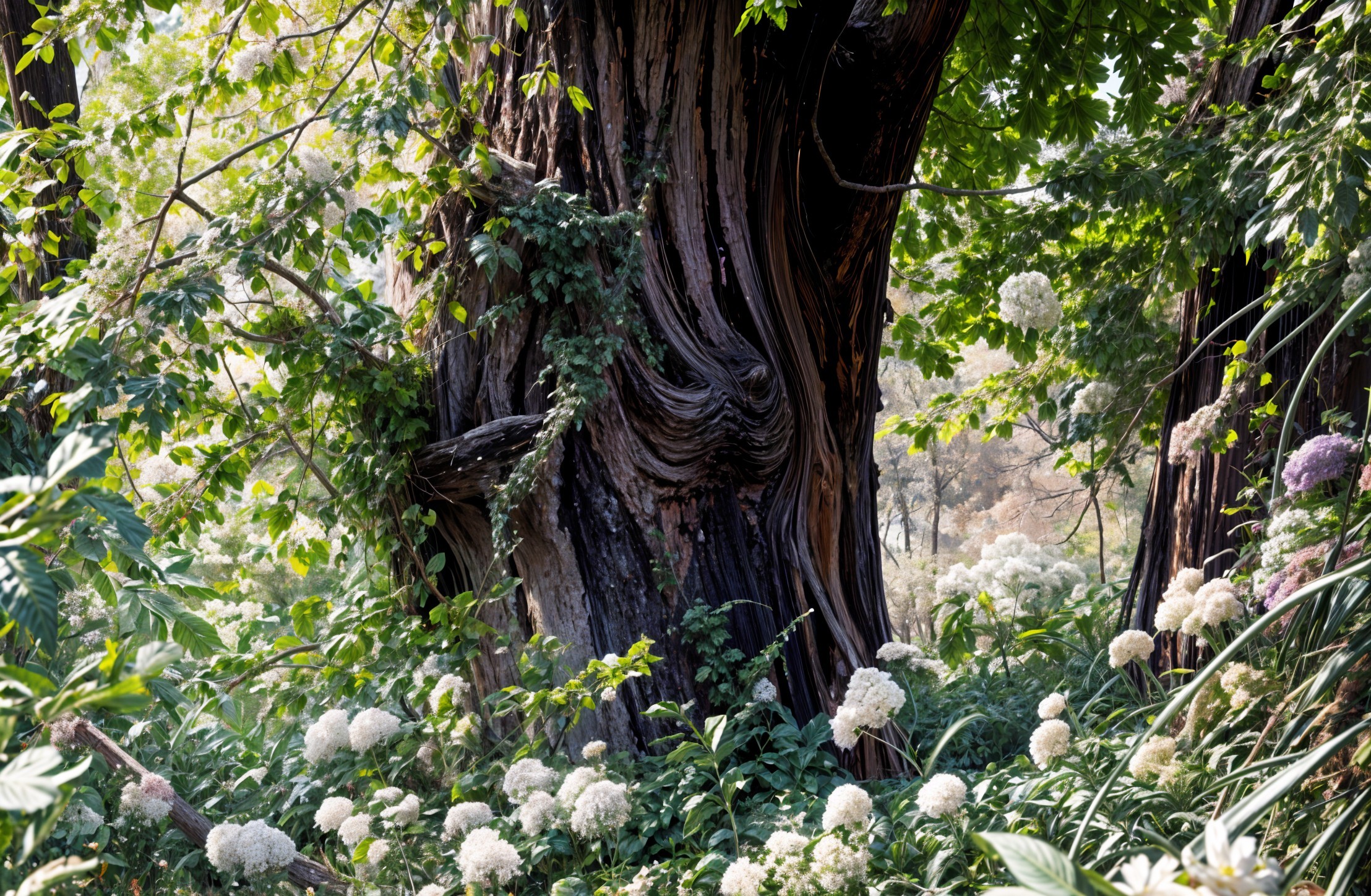 Majestic Tree Surrounded by Lush Greenery and Flowers