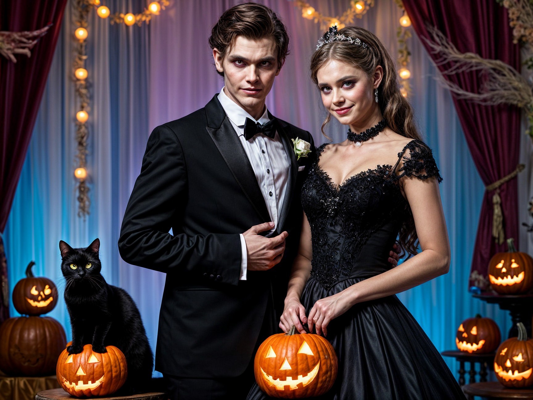 Halloween-Themed Photo of a Stylish Couple in Formal Wear