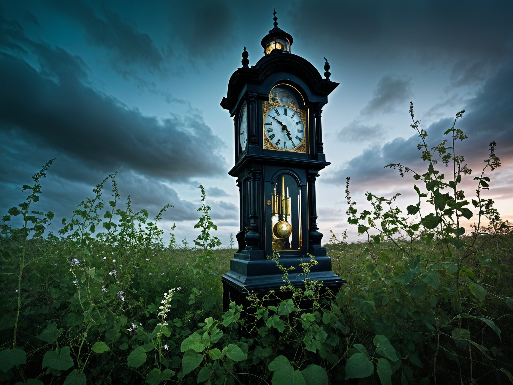 Clock Tower in a Lush Field with Dramatic Sky