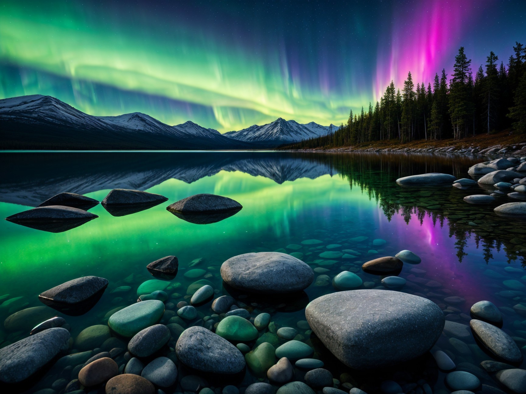 Northern Lights Over Tranquil Lake and Mountains