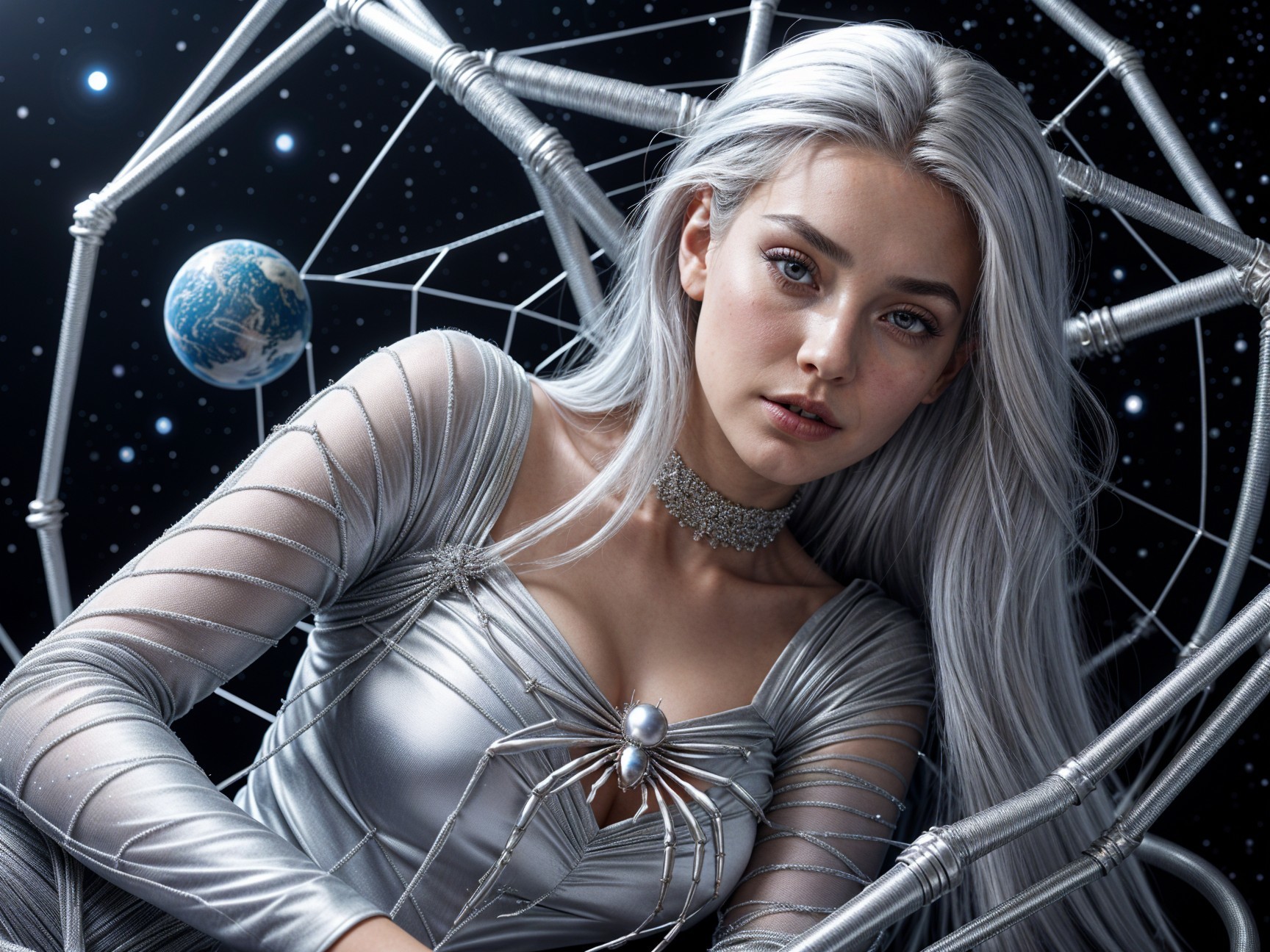 Cosmic Figure with Silvery Hair and Spider Motif