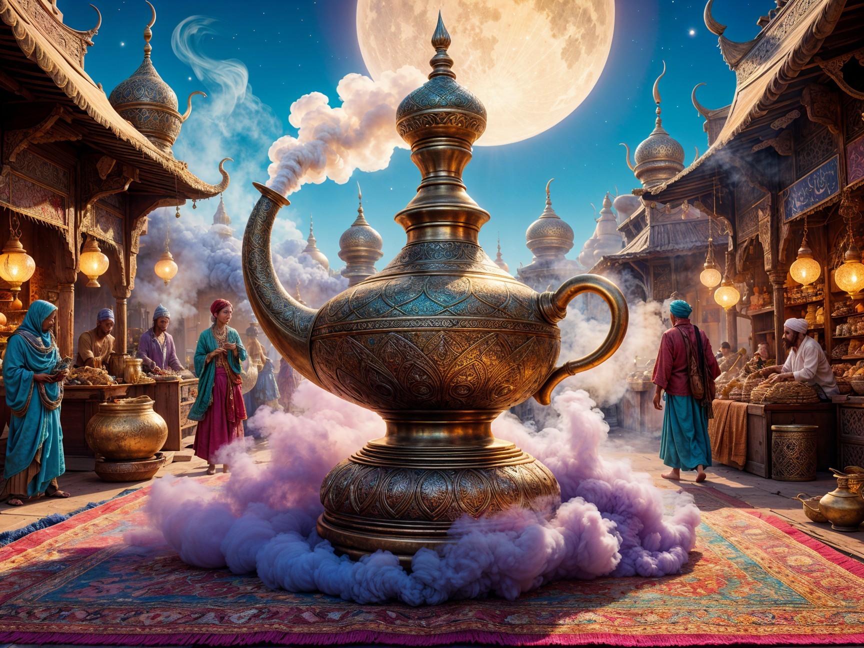 Ornate Brass Lamp in Vibrant Moonlit Bazaar Scene
