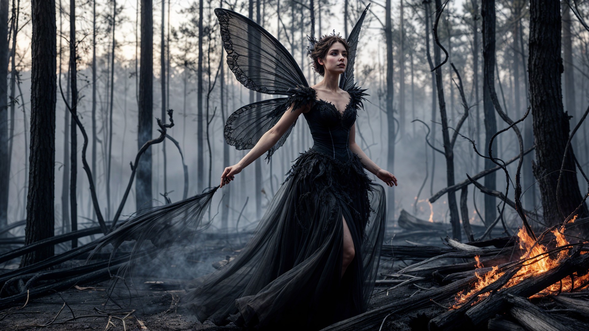 Dark Fairy in Enchanted Forest with Charred Trees